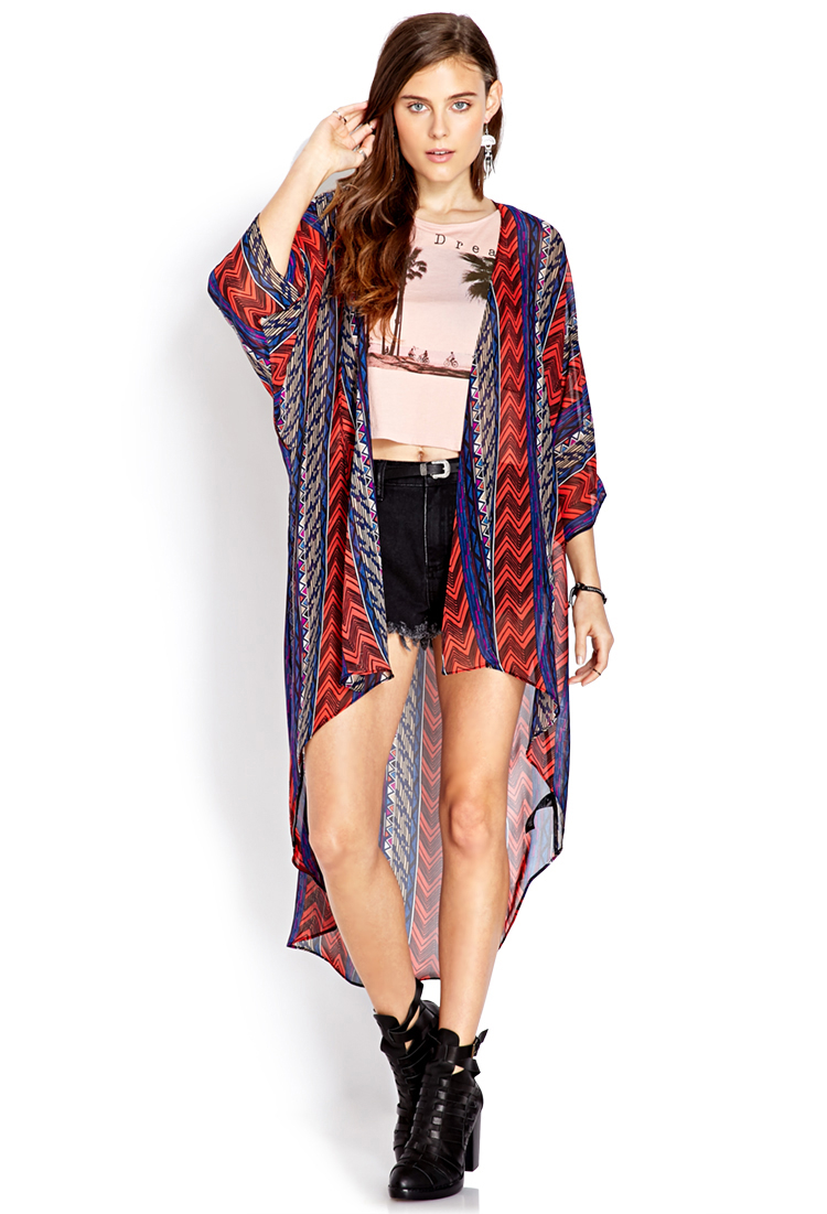 Forever 21 Tribal Print Maxi Cardigan in Blue (BLACK/CORAL) | Lyst