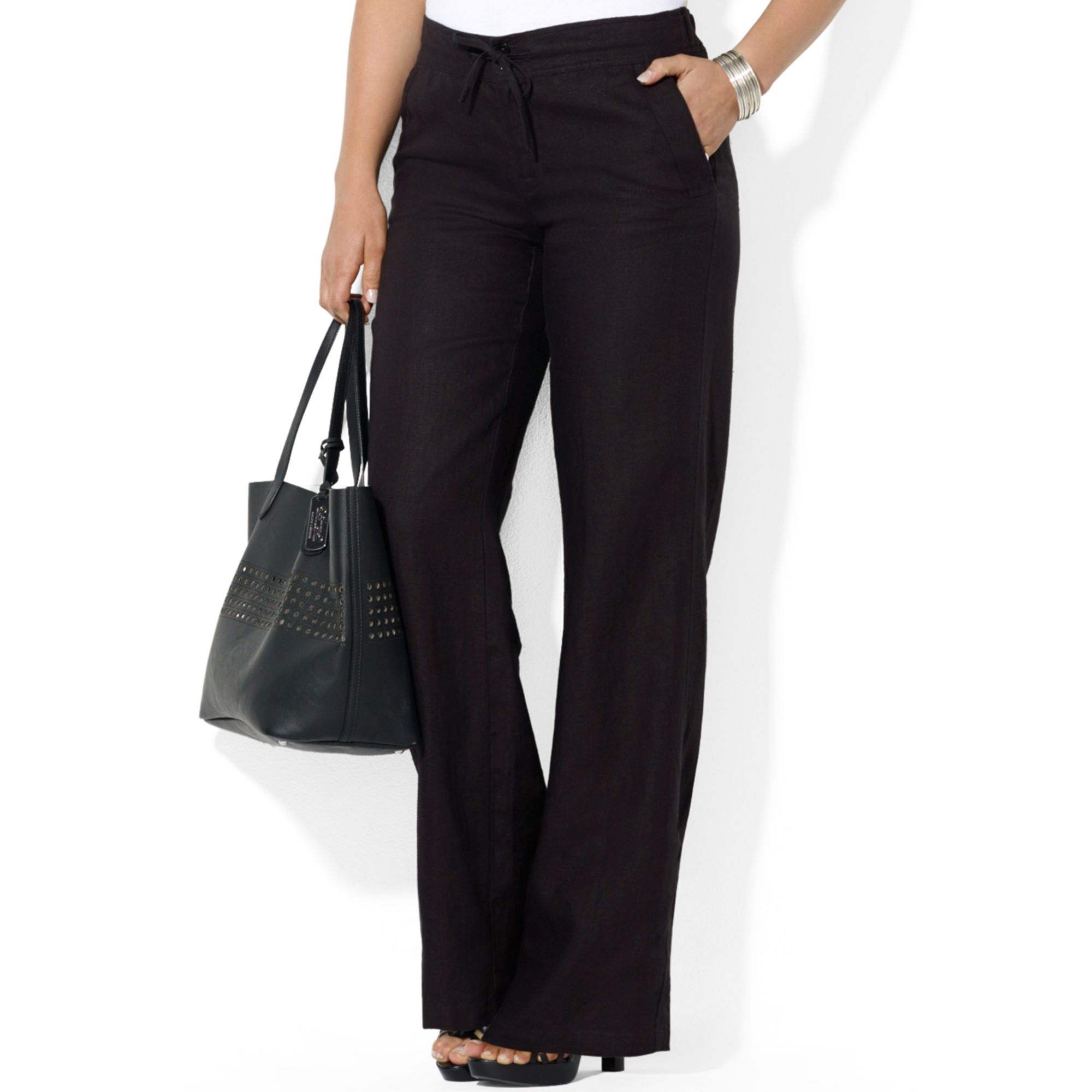 Lauren by Ralph Lauren Plus Size Wideleg Linen Pants in Black | Lyst