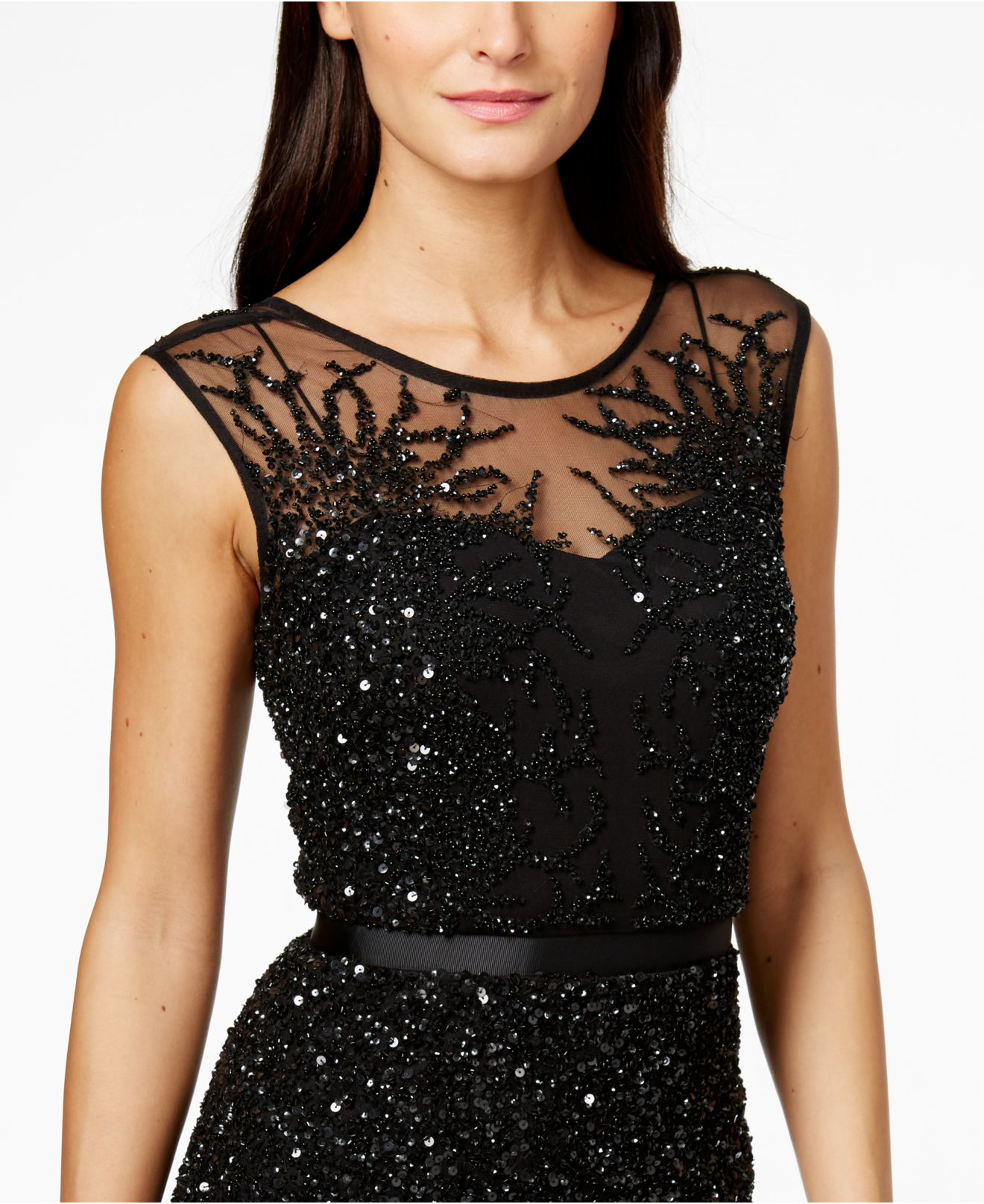 Adrianna Papell Sleeveless Beaded Illusion Gown in Black | Lyst