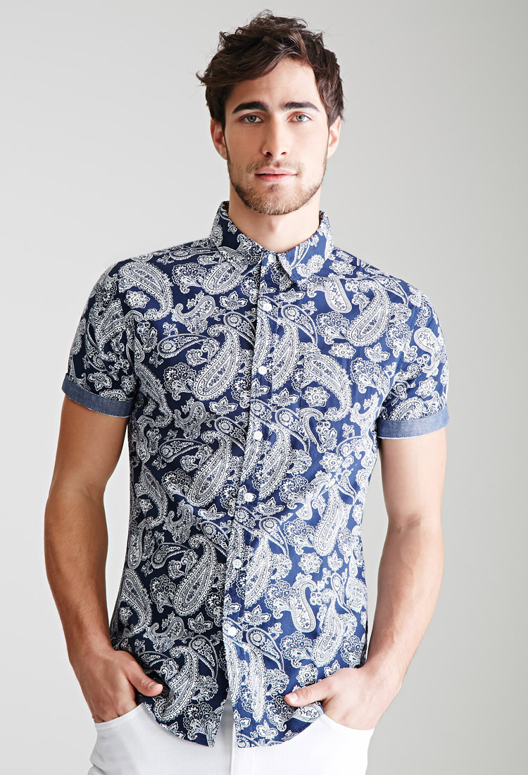 Forever 21 Chambray-trimmed Paisley Shirt in Blue for Men | Lyst