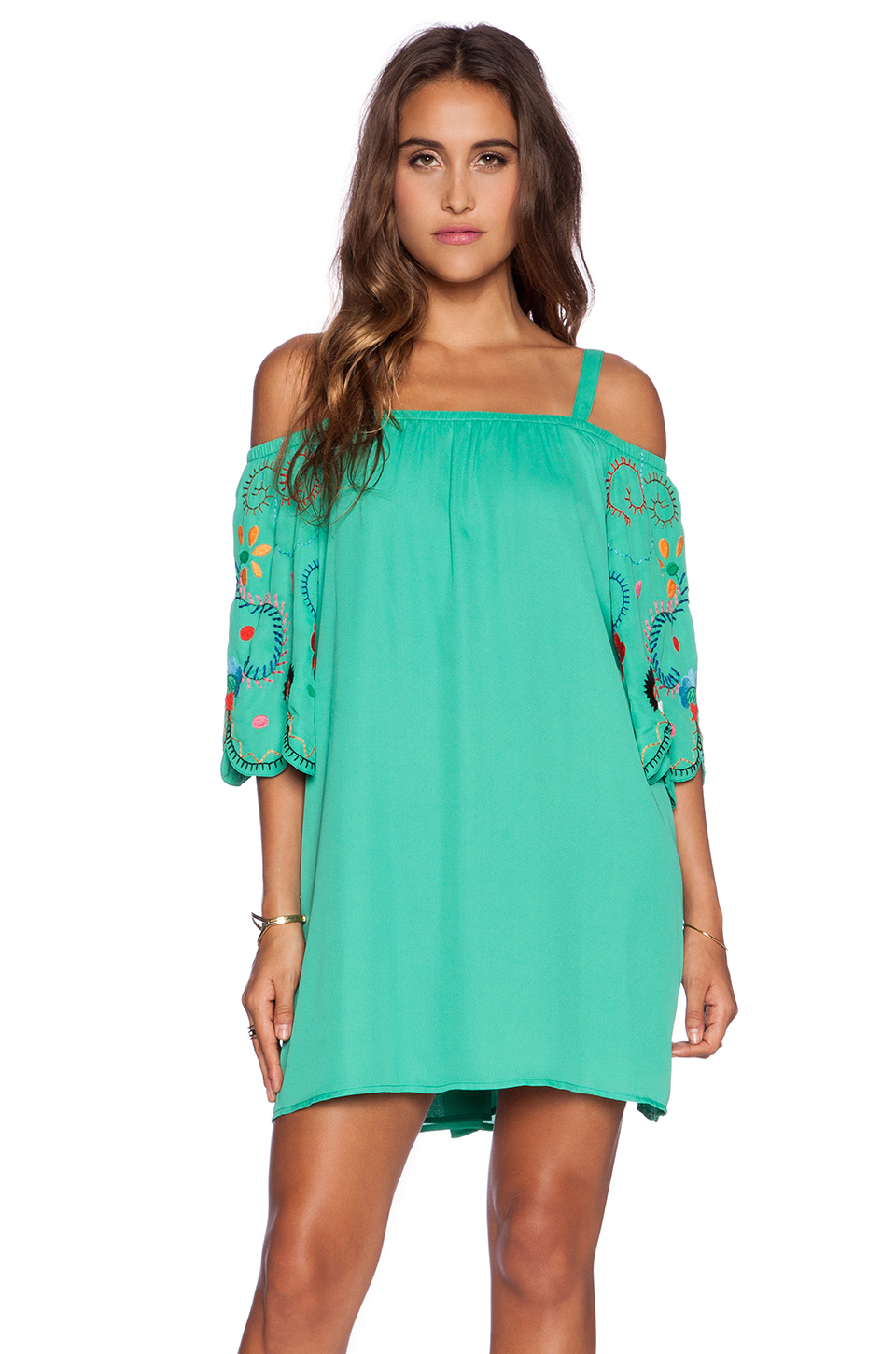 green cold shoulder dress