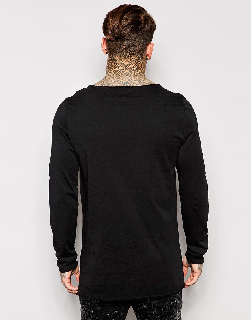 Asos Longline Long Sleeve T-shirt With Distressed Hem And Raw Edge Boat ...