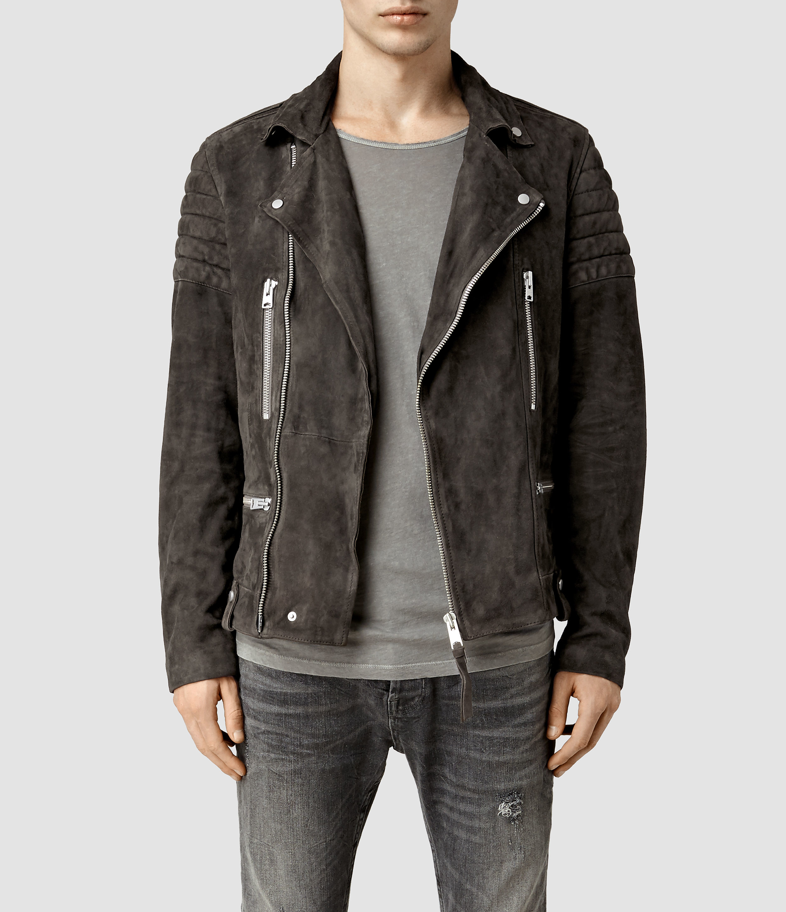 Allsaints Circuit Suede Biker Jacket in Gray for Men | Lyst