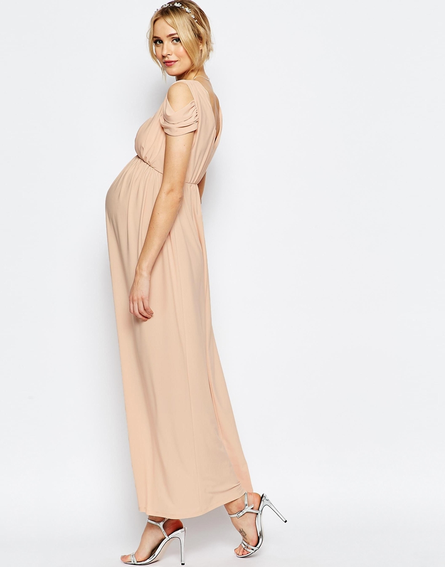 Asos Synthetic Wedding Drape Cold Shoulder Maxi Dress Nude In