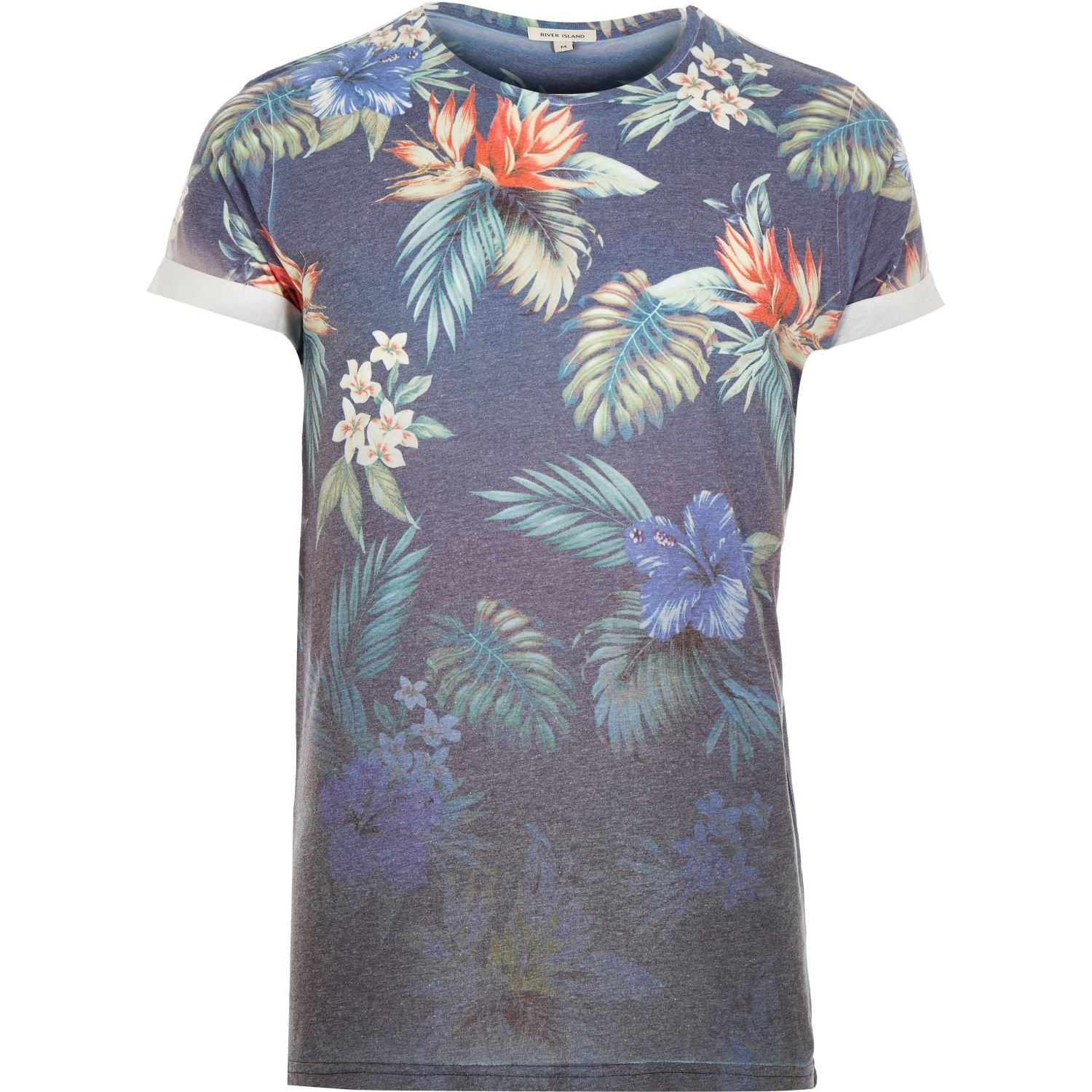 River Island Cotton Navy Faded Tropical Print T-shirt in Blue for Men ...
