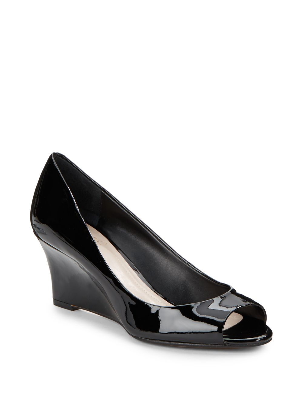 Vince Camuto Sassie Patent Leather Peep-toe Wedges in Black - Lyst