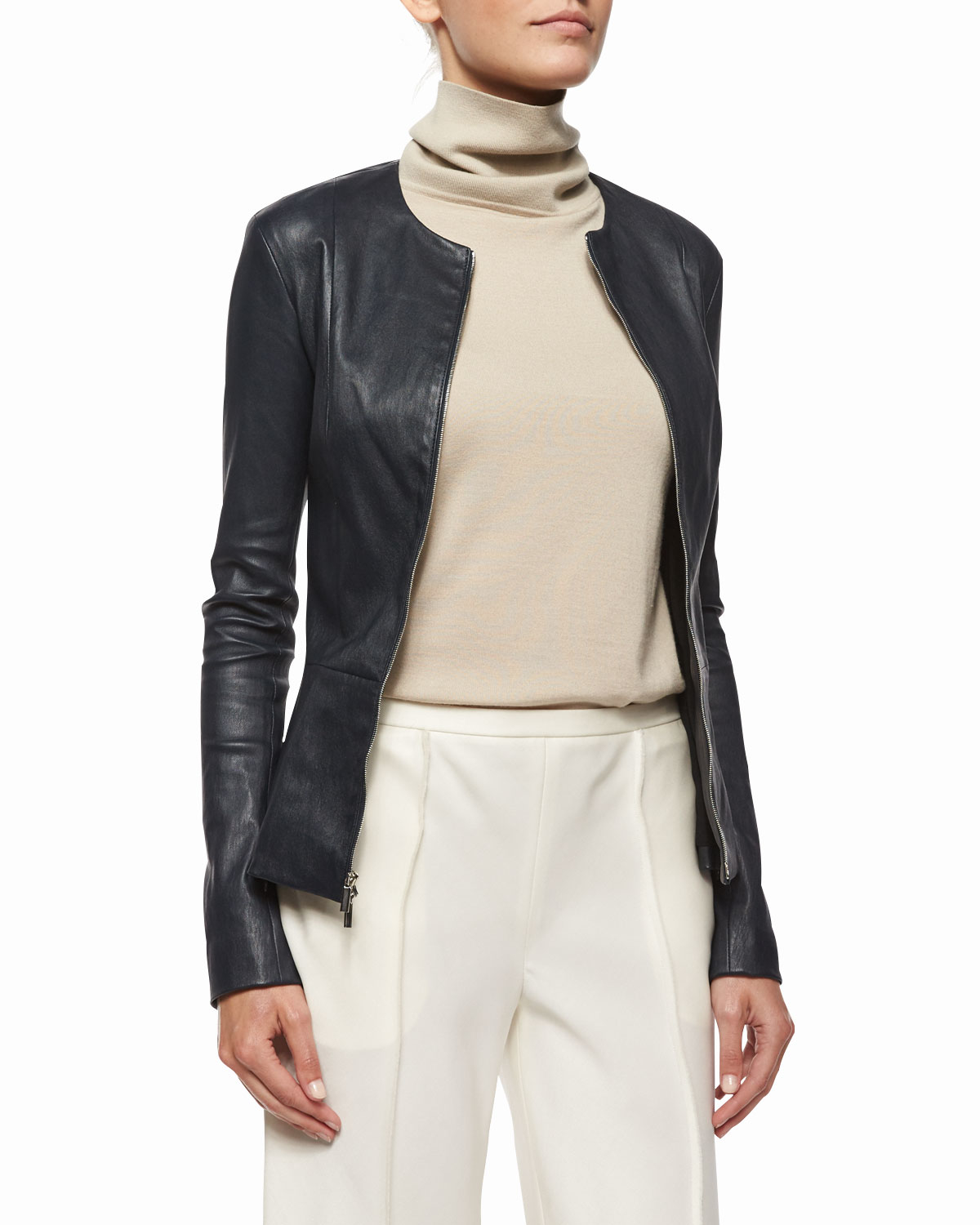 crew neck leather jacket