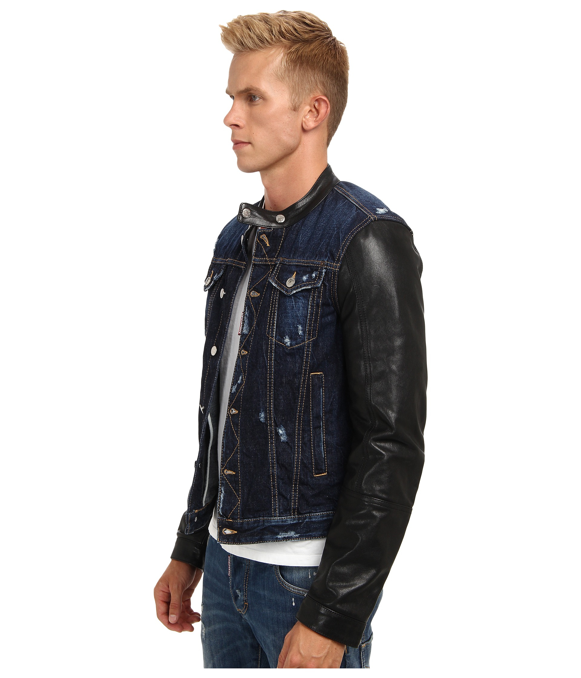 DSquared² Leather Sleeves Biker Jacket in Denim (Blue) for Men | Lyst