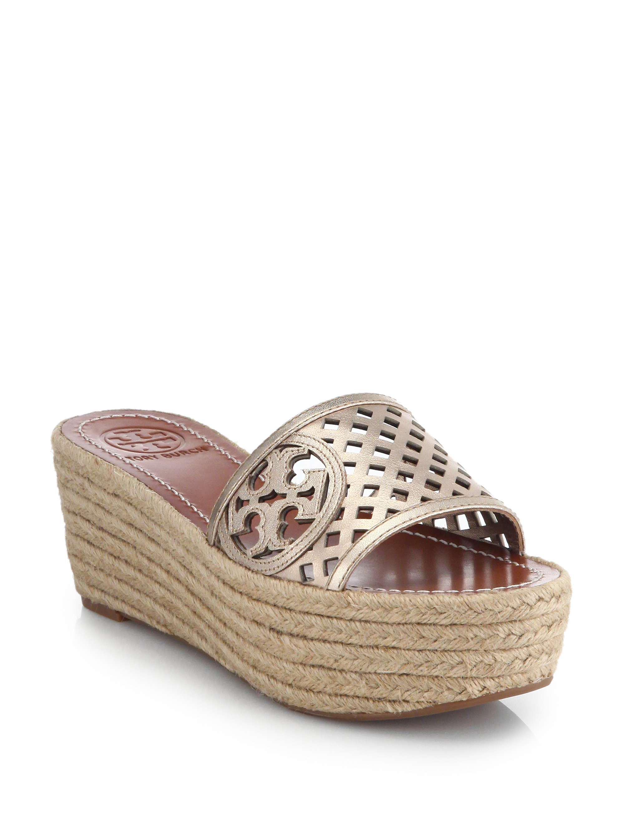 Lyst Tory Burch Perforated Metallic Leather Espadrille Wedge Slides in Metallic