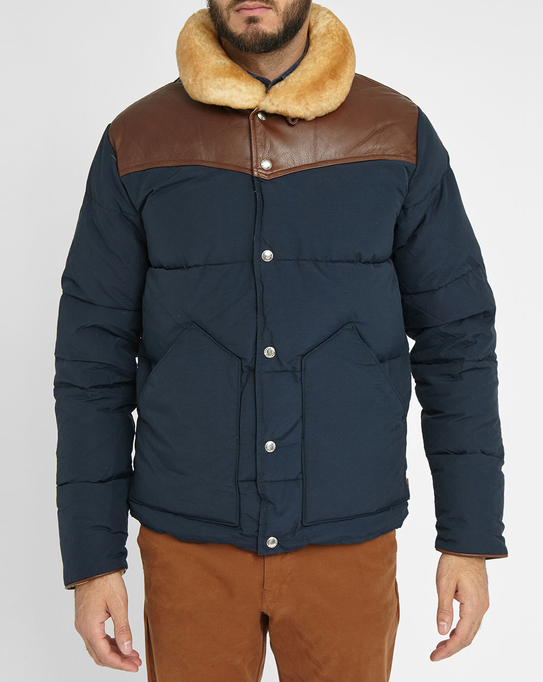 ... Leather Detail Fur-collar Down Jacket in Blue for Men (navy) | Lyst