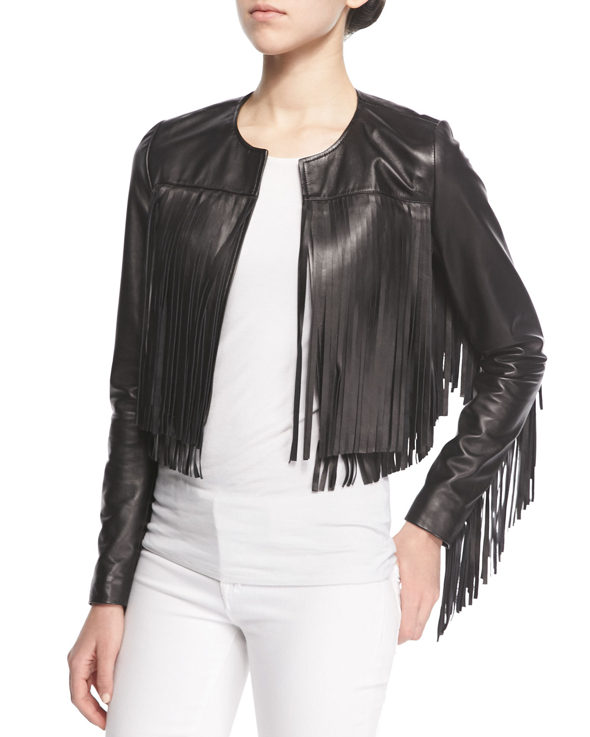 Cusp Cropped Leather Fringe Jacket in Black Lyst