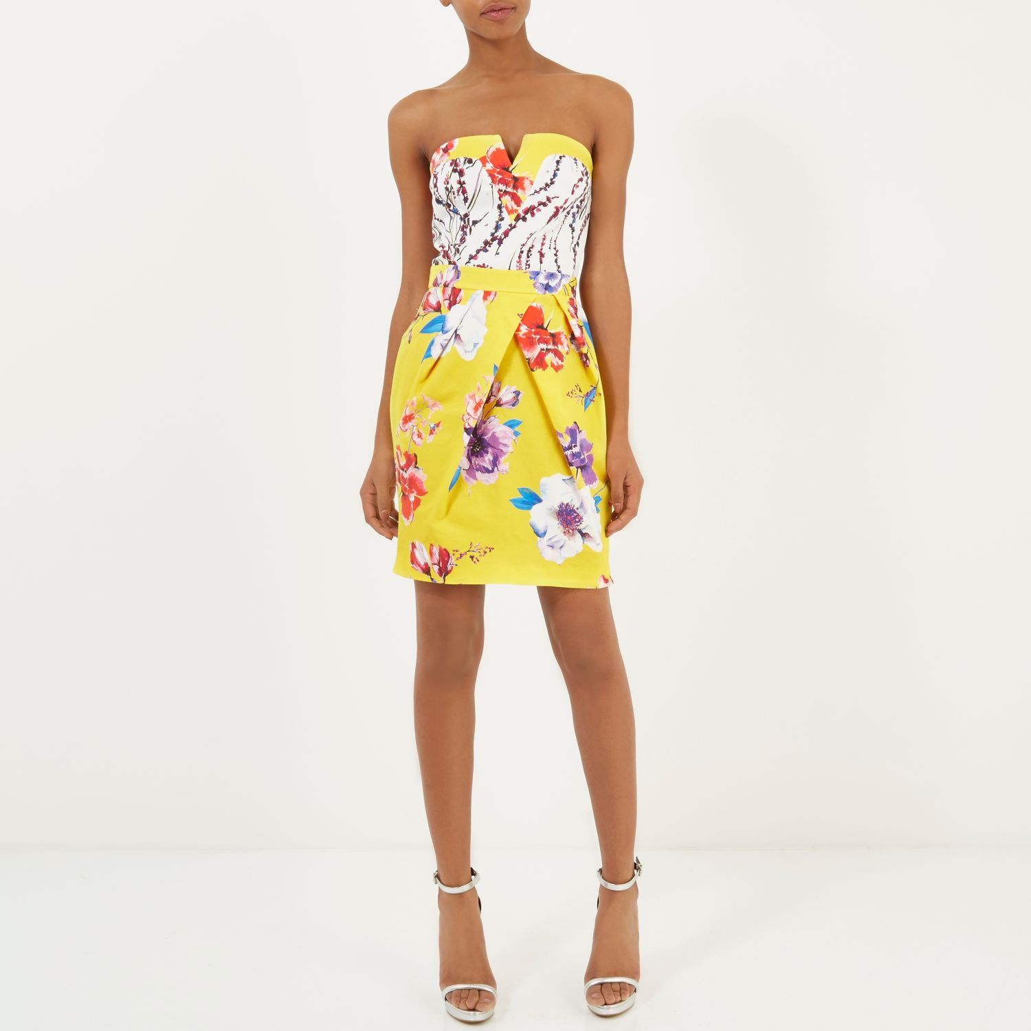 River Island Yellow Floral Print Strapless Bandeau Dress Lyst