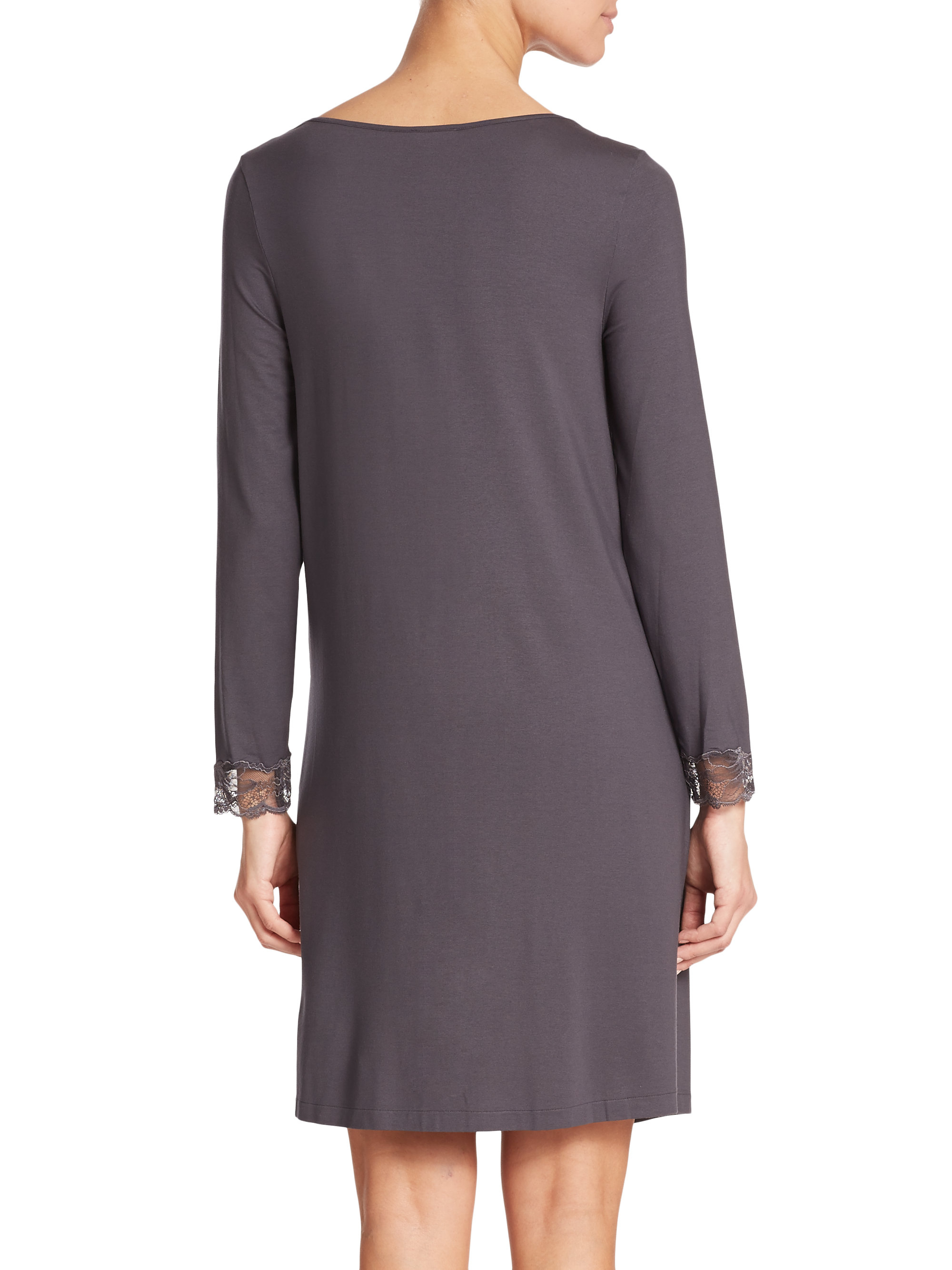 Hanro Valencia Longsleeve Lacetrimmed Jersey Nightgown in Gray Lyst