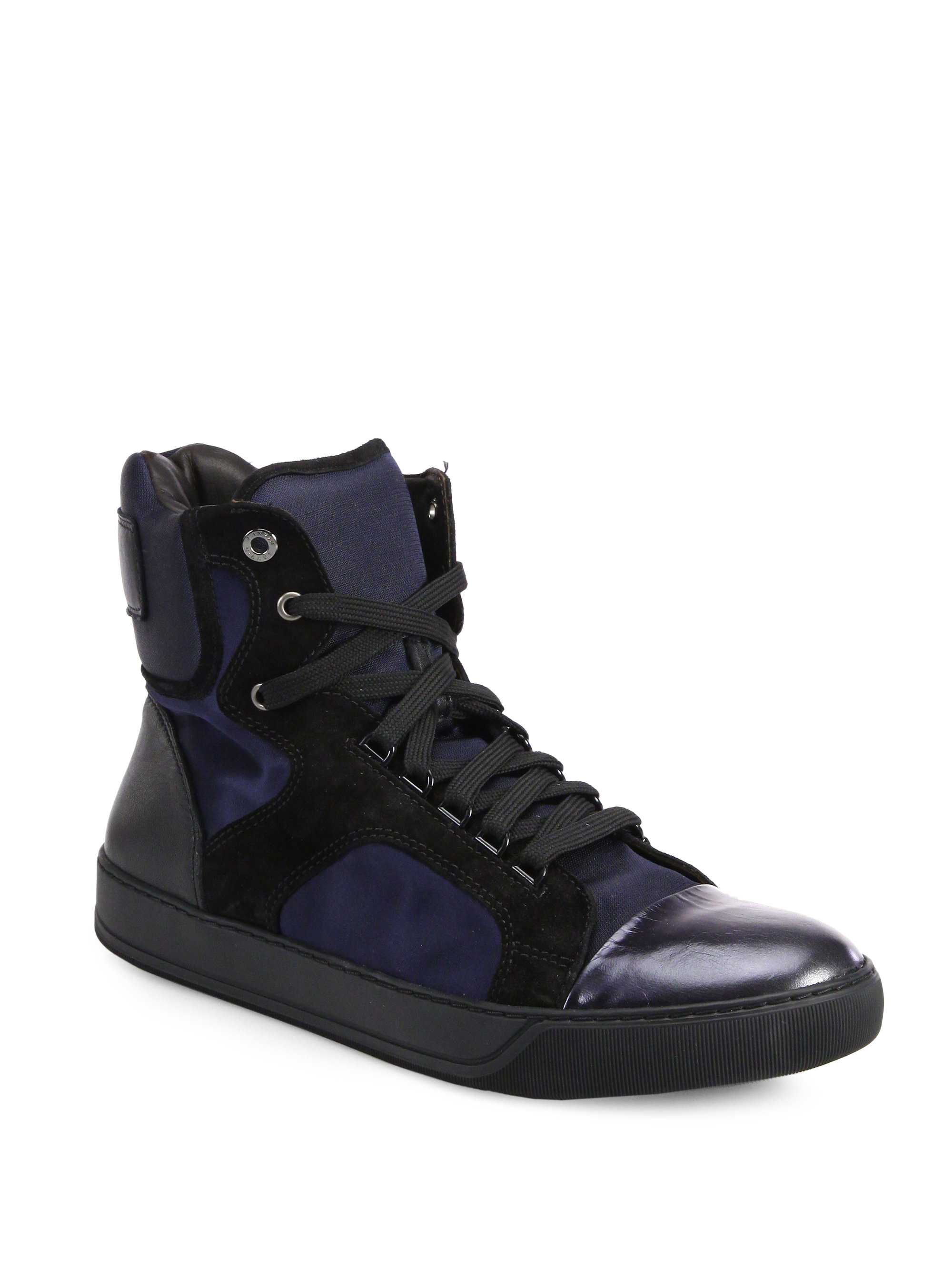 Lyst - Lanvin Satin & Metallic Leather High-top Sneakers in Blue for Men