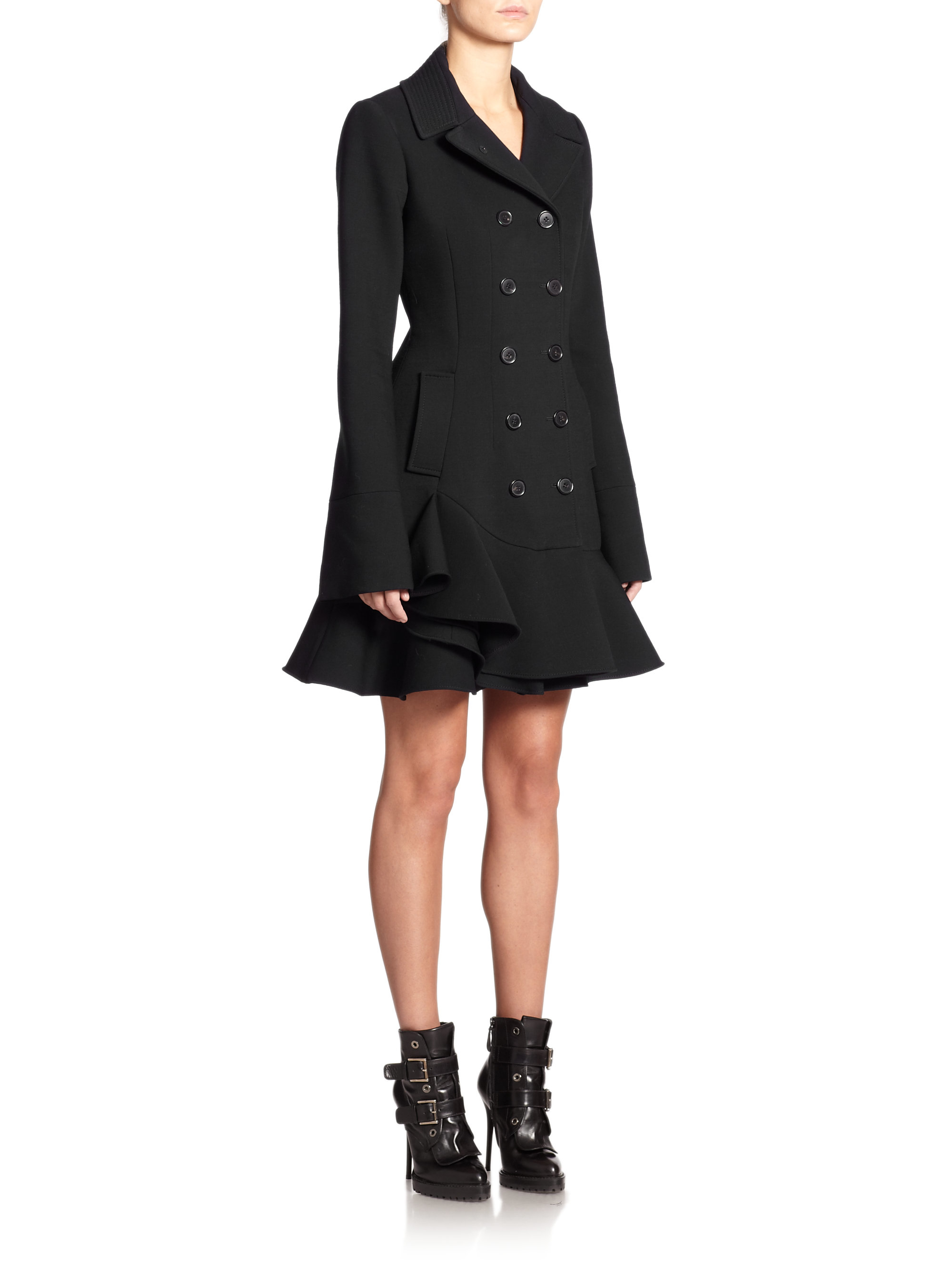 Lyst - Alexander Mcqueen Wool Ruffle Coat in Black