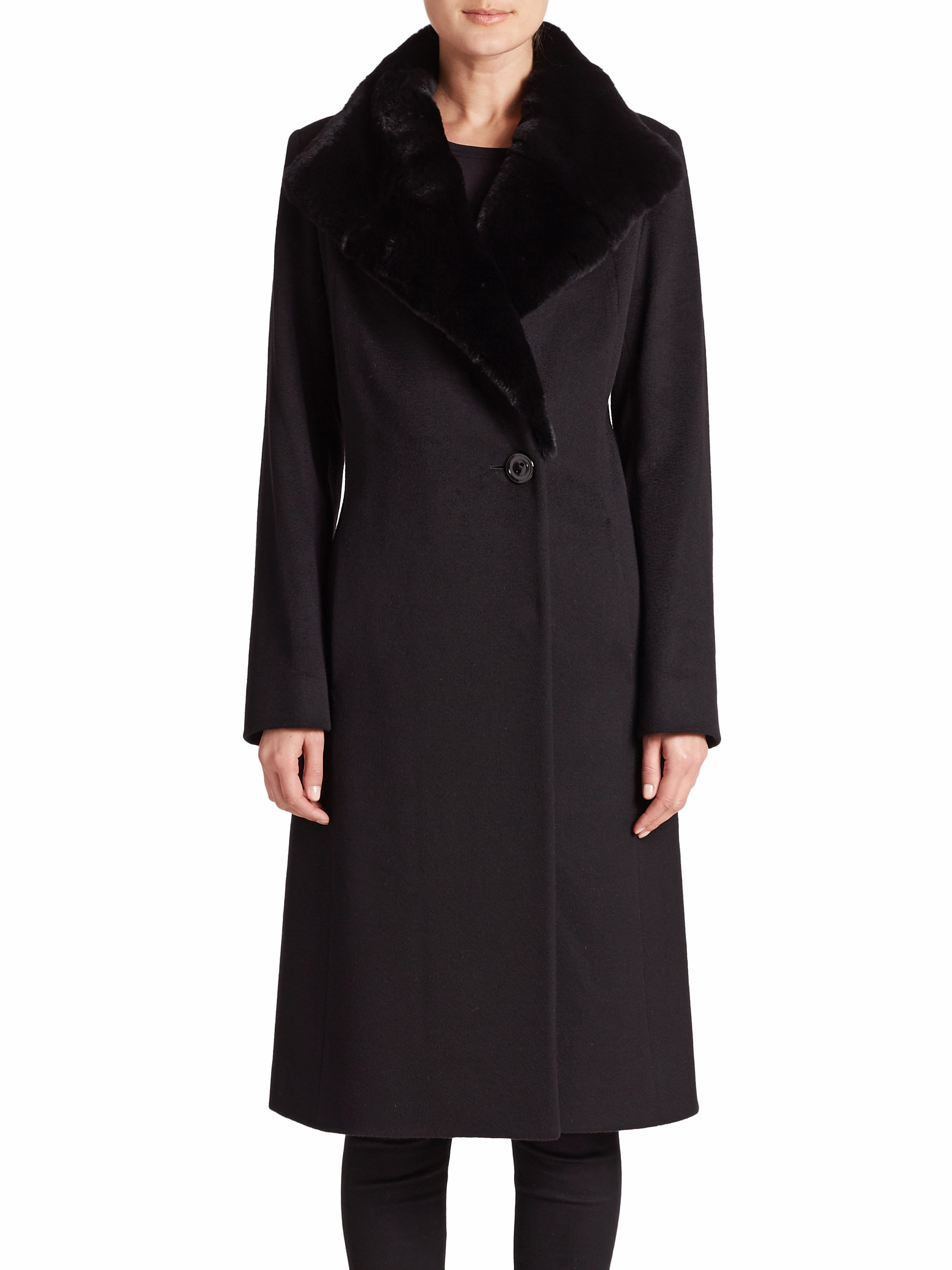 Lyst - Cinzia rocca Fur-collar Wool Walking Coat in Black
