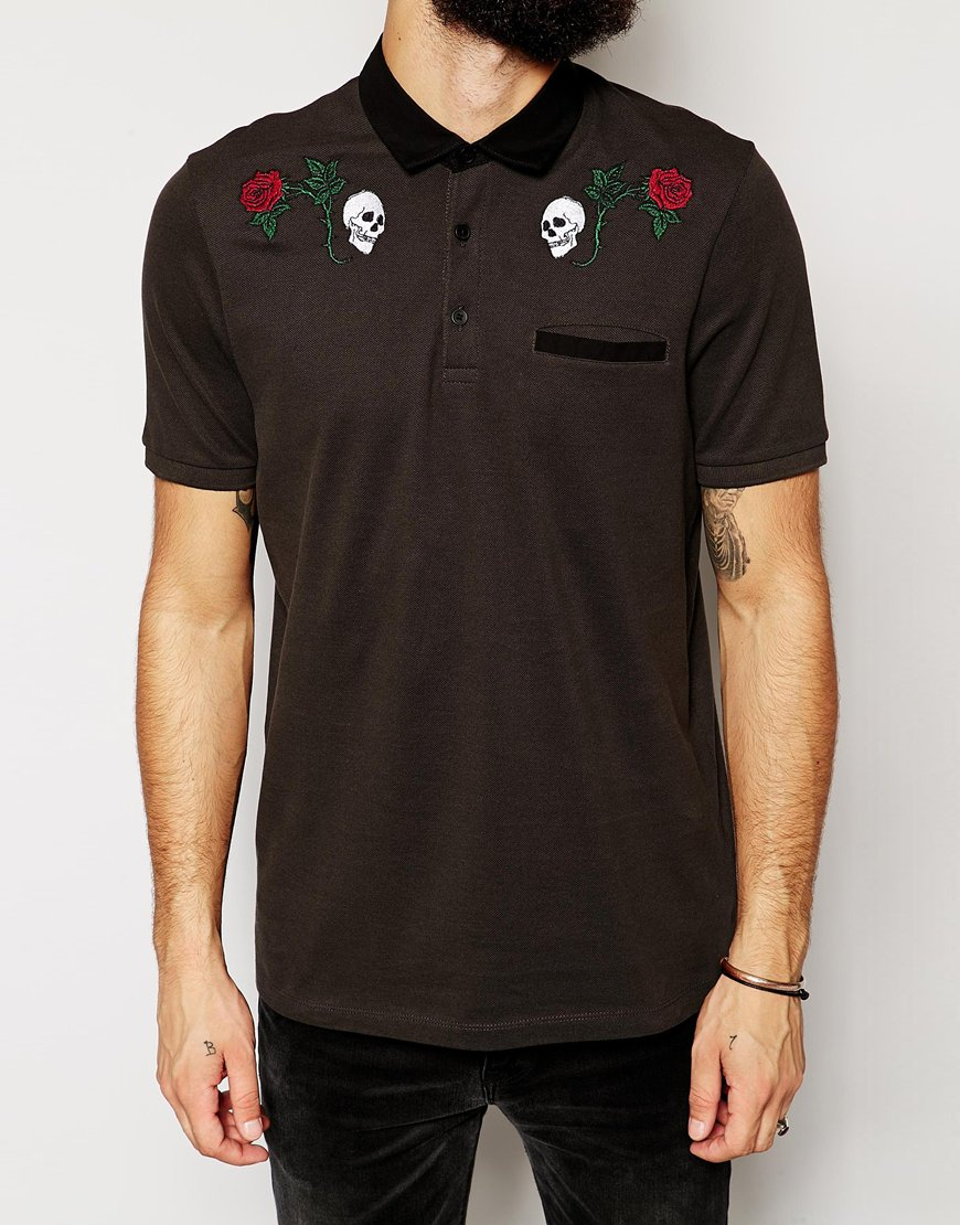ASOS Polo Shirt With Skull Embroidery And Woven Collar in Black for Men