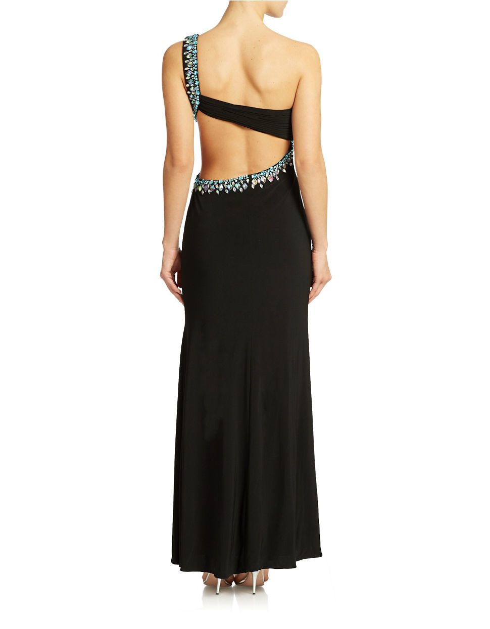 Lyst - Betsy & Adam One Shoulder Beaded Cutout Gown in Black