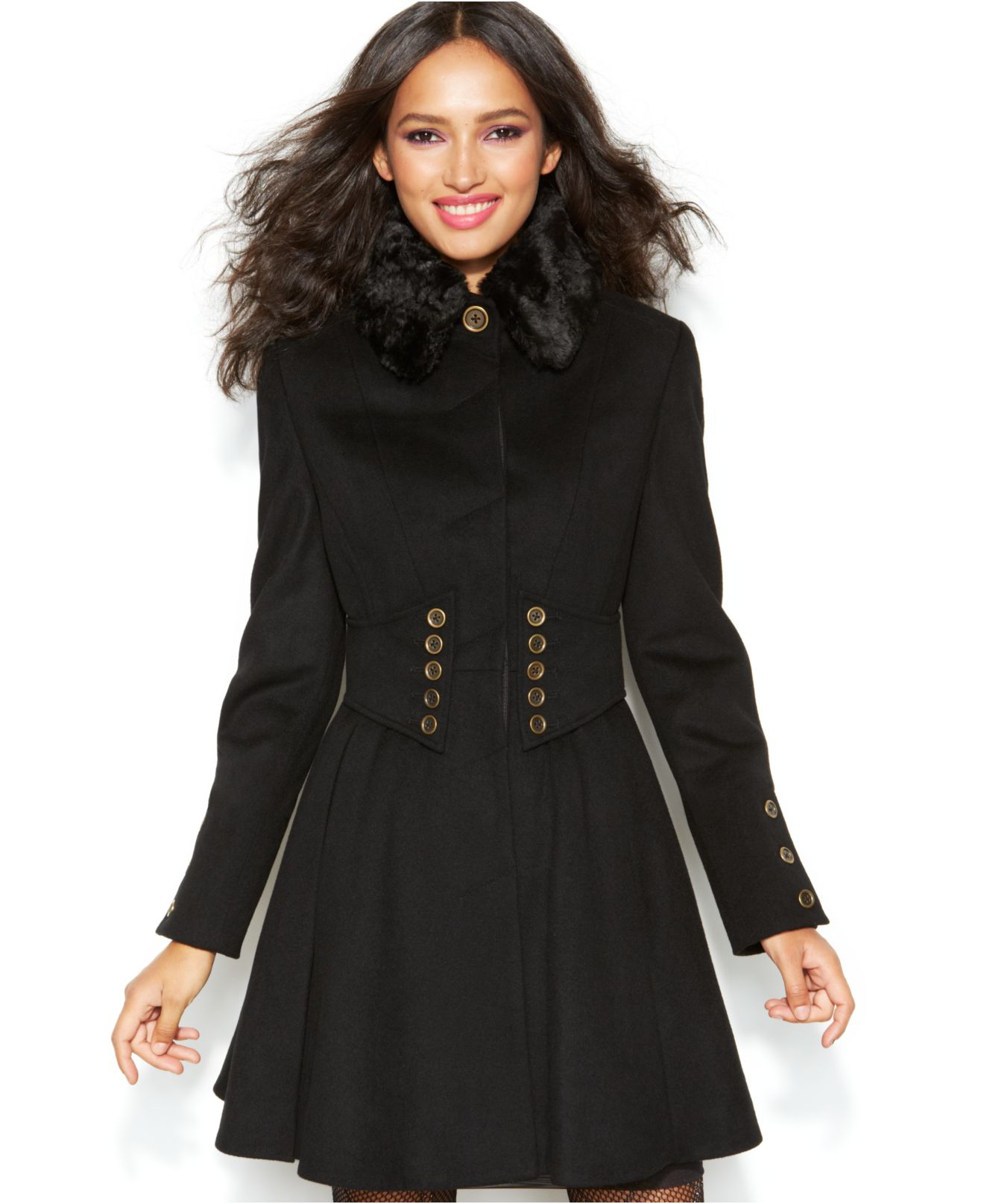 Betsey Johnson Wool-Blend Faux-Fur Corset Flared Coat in Black | Lyst