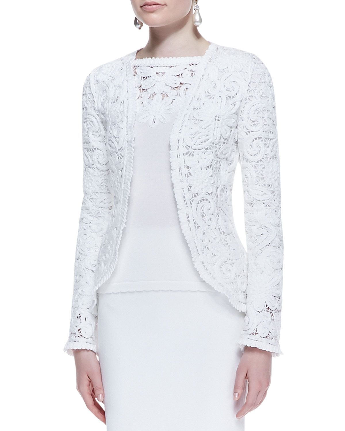Oscar de la renta Embroidered Cotton Lace Jacket in White | Lyst