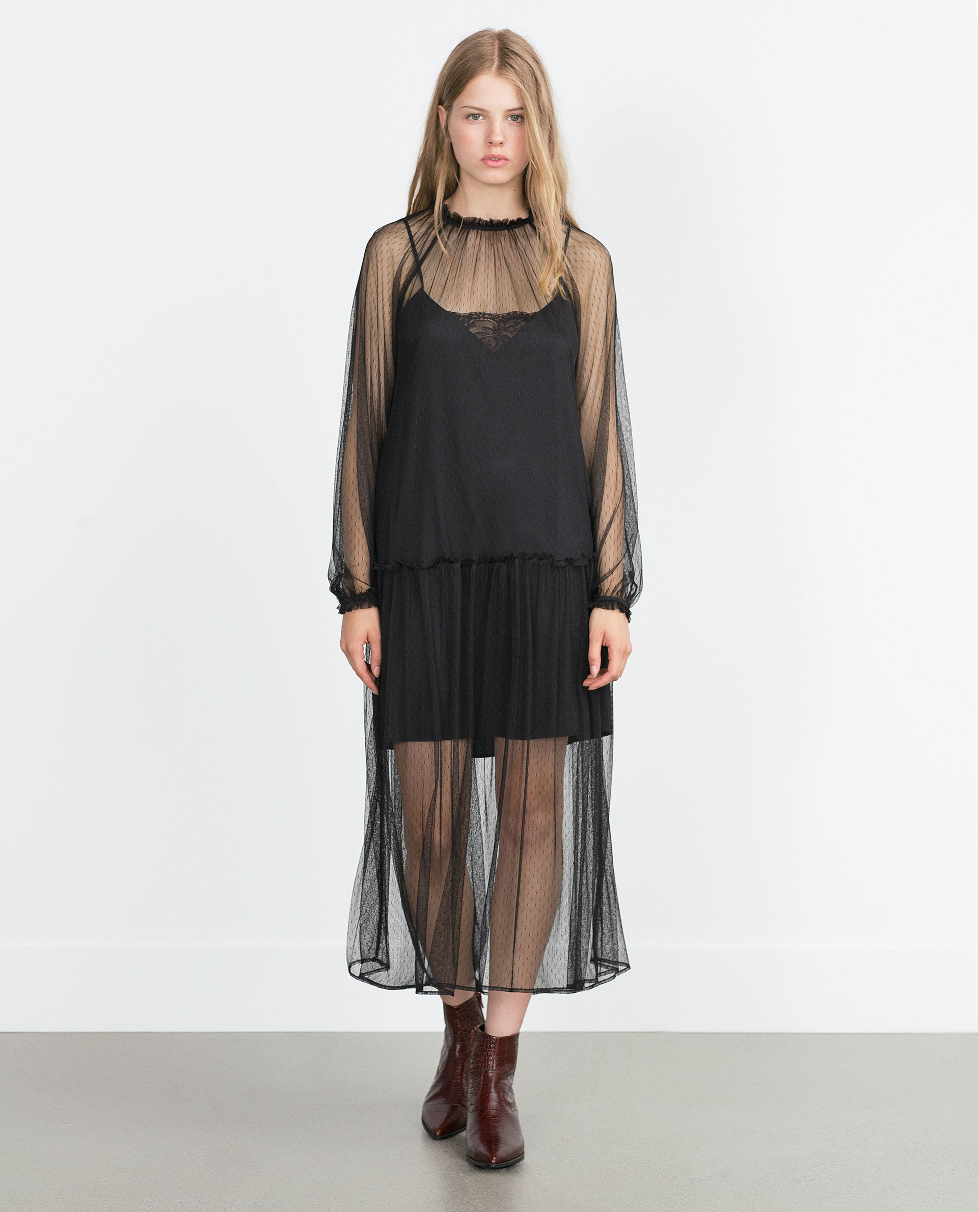 Zara Dotted Swiss Dress in Black | Lyst