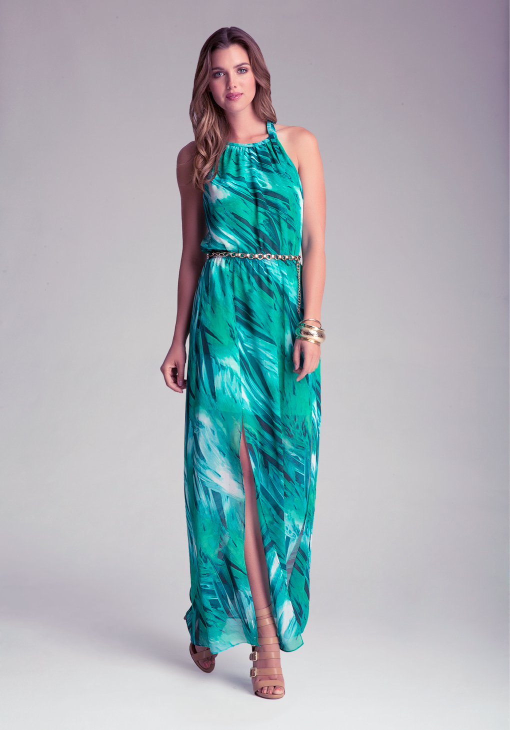Bebe Printed Halter Maxi Dress In Green Lyst