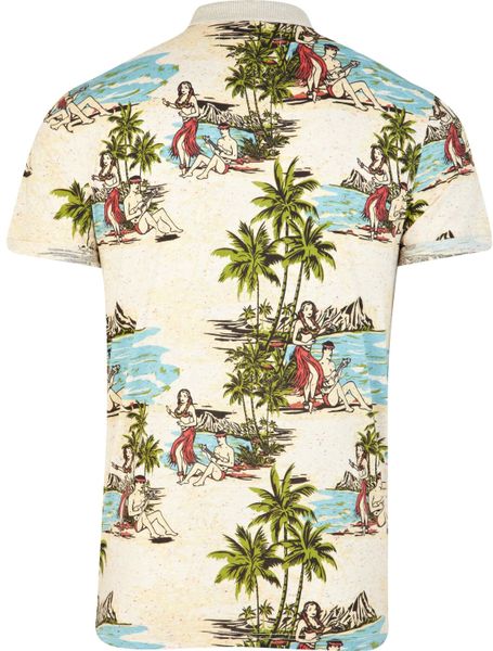 River Island Ecru Hawaiian Print Polo Shirt in Beige for Men | Lyst