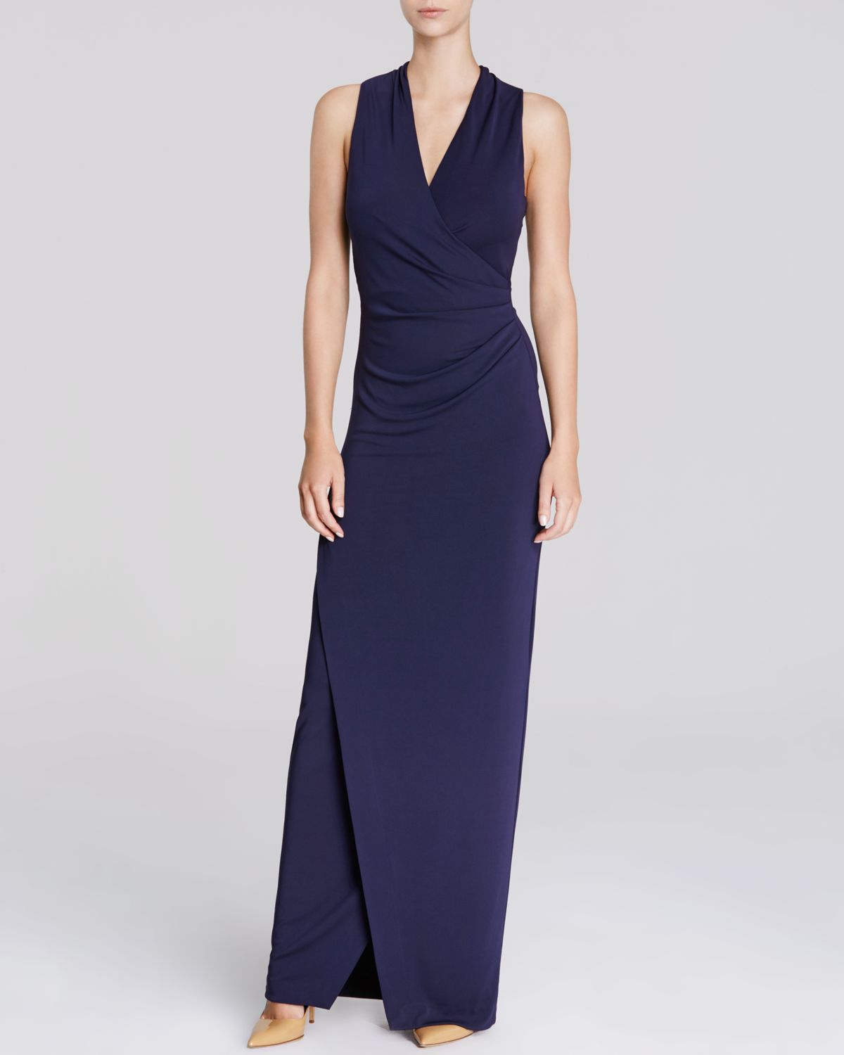 Nicole Miller Gown - V-Neck Matte Jersey in Blue (Navy) | Lyst