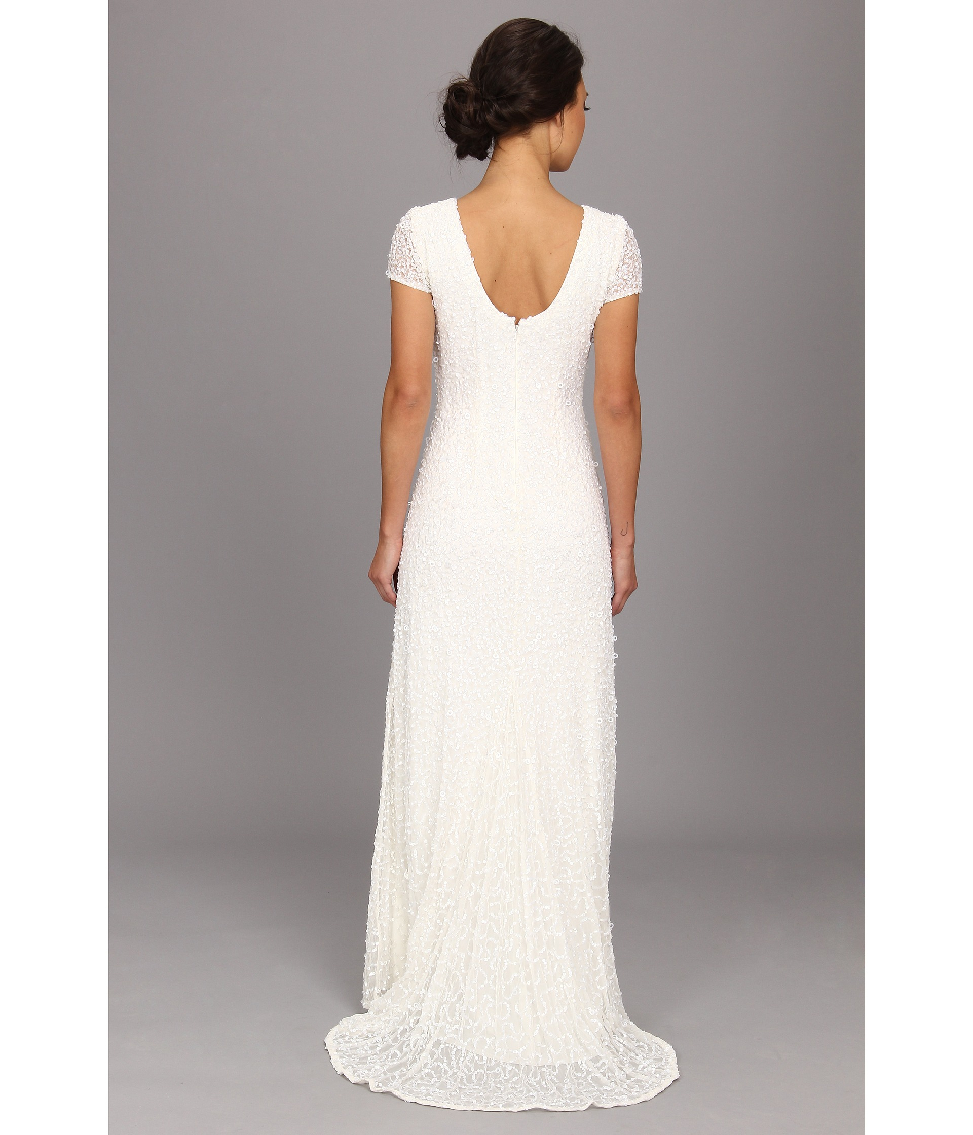 Adrianna Papell Cap Sleeve Scoop Back Beaded Down Dress in White | Lyst
