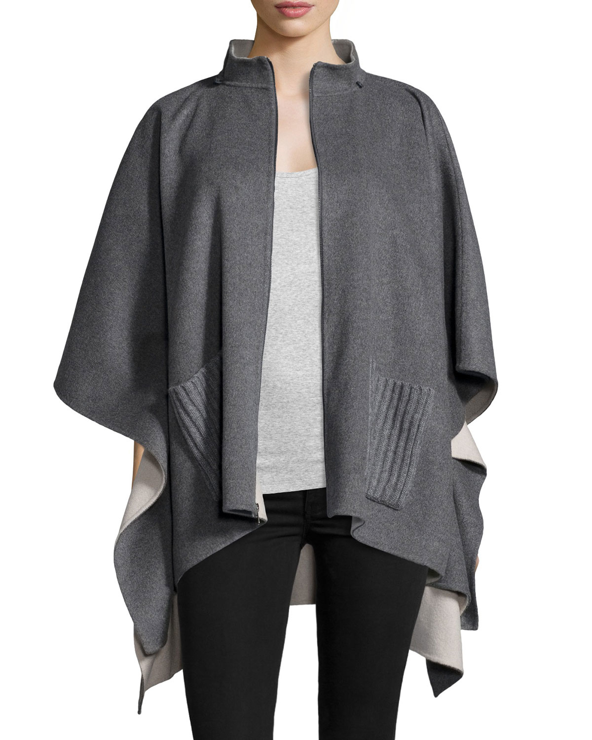 Lyst - Neiman Marcus Hooded Cashmere Zip Poncho in Gray