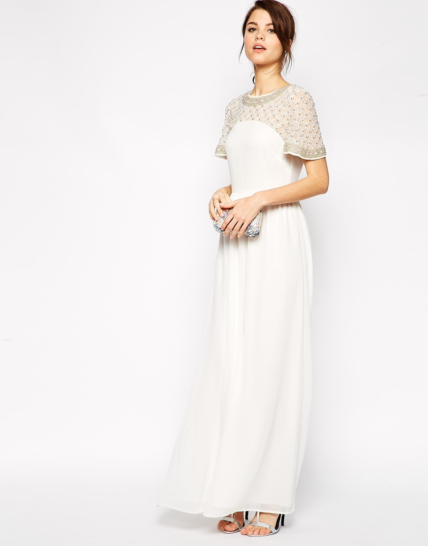 ASOS Lattice Embellished Flutter Sleeve Maxi Dress in Cream ...