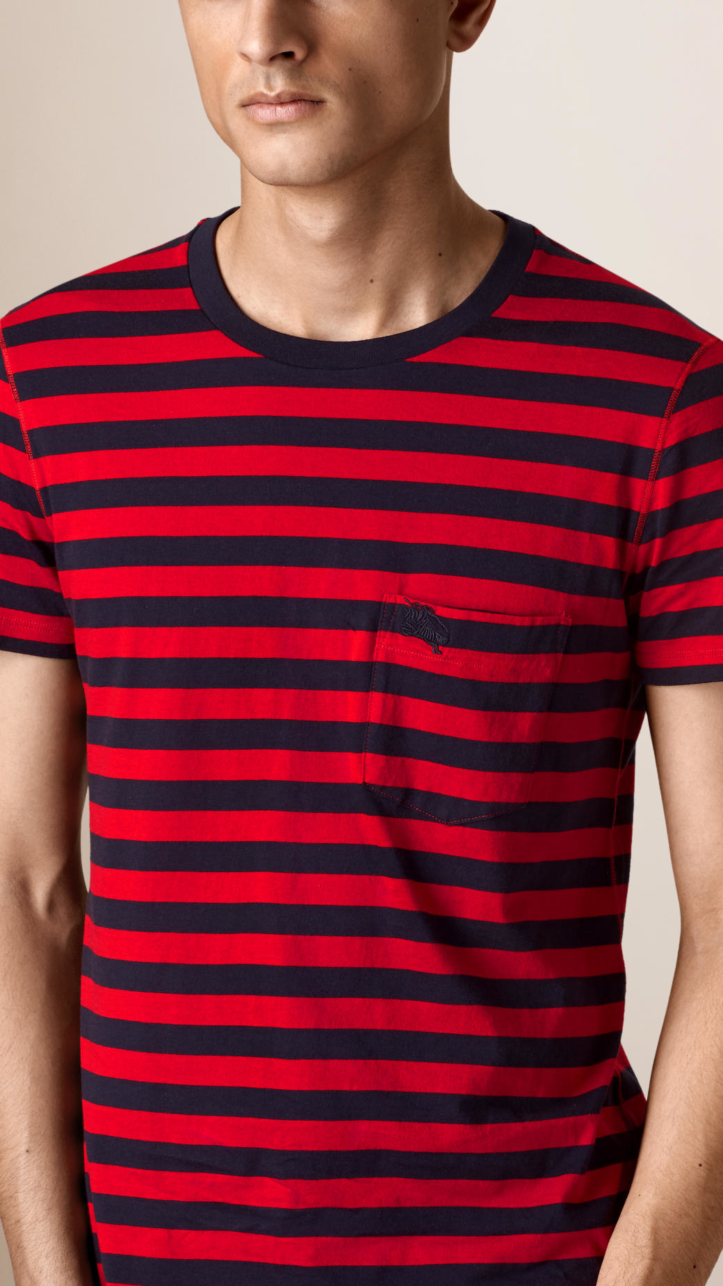 navy and red striped shirt