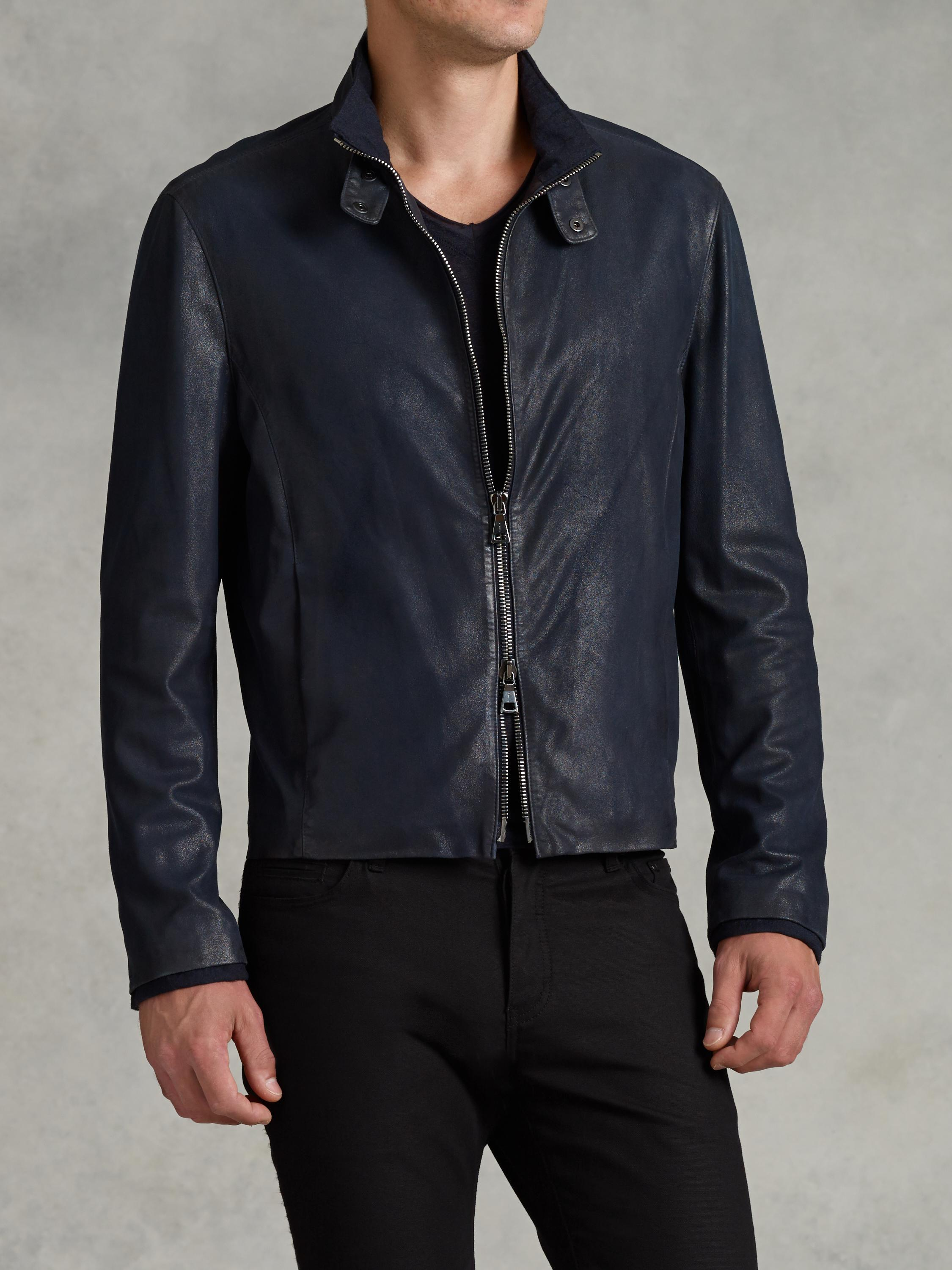 John Varvatos Zip Front Leather Jacket in Blue for Men - Lyst