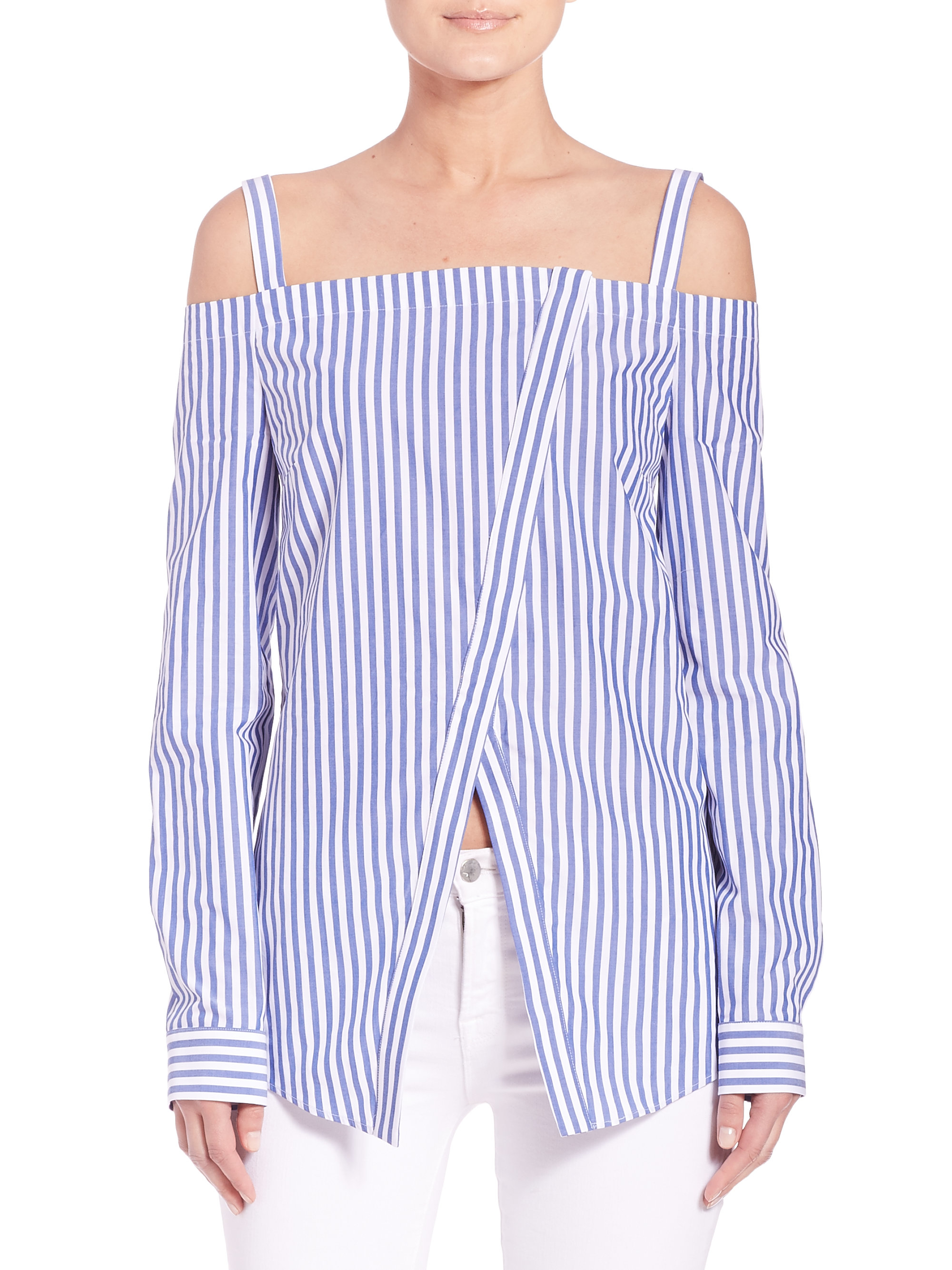 blue and white striped off the shoulder shirt
