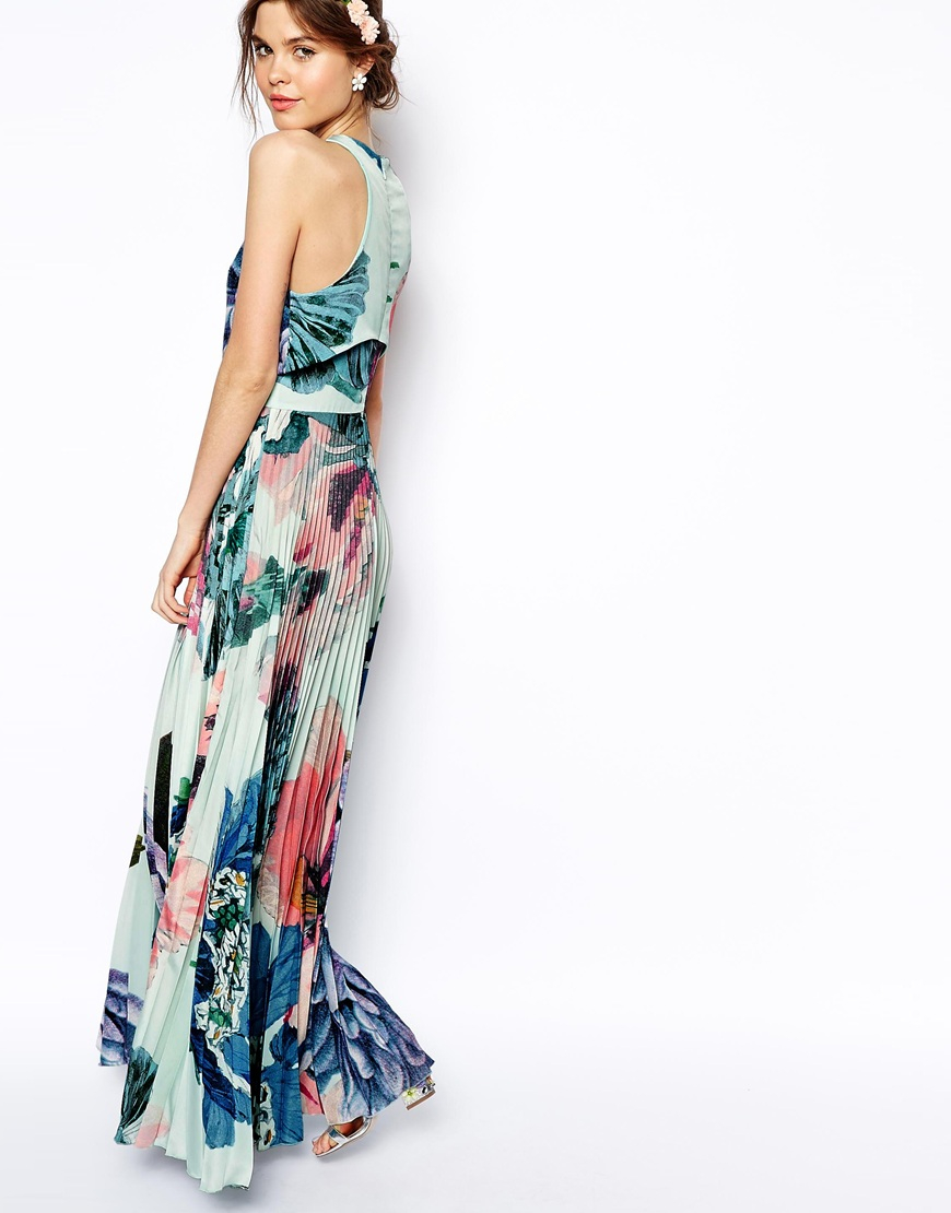 pleated crop top maxi dress