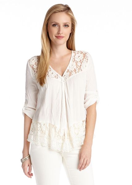 Karen Kane Rolled Sleeve Contrast Lace Blouse in White | Lyst