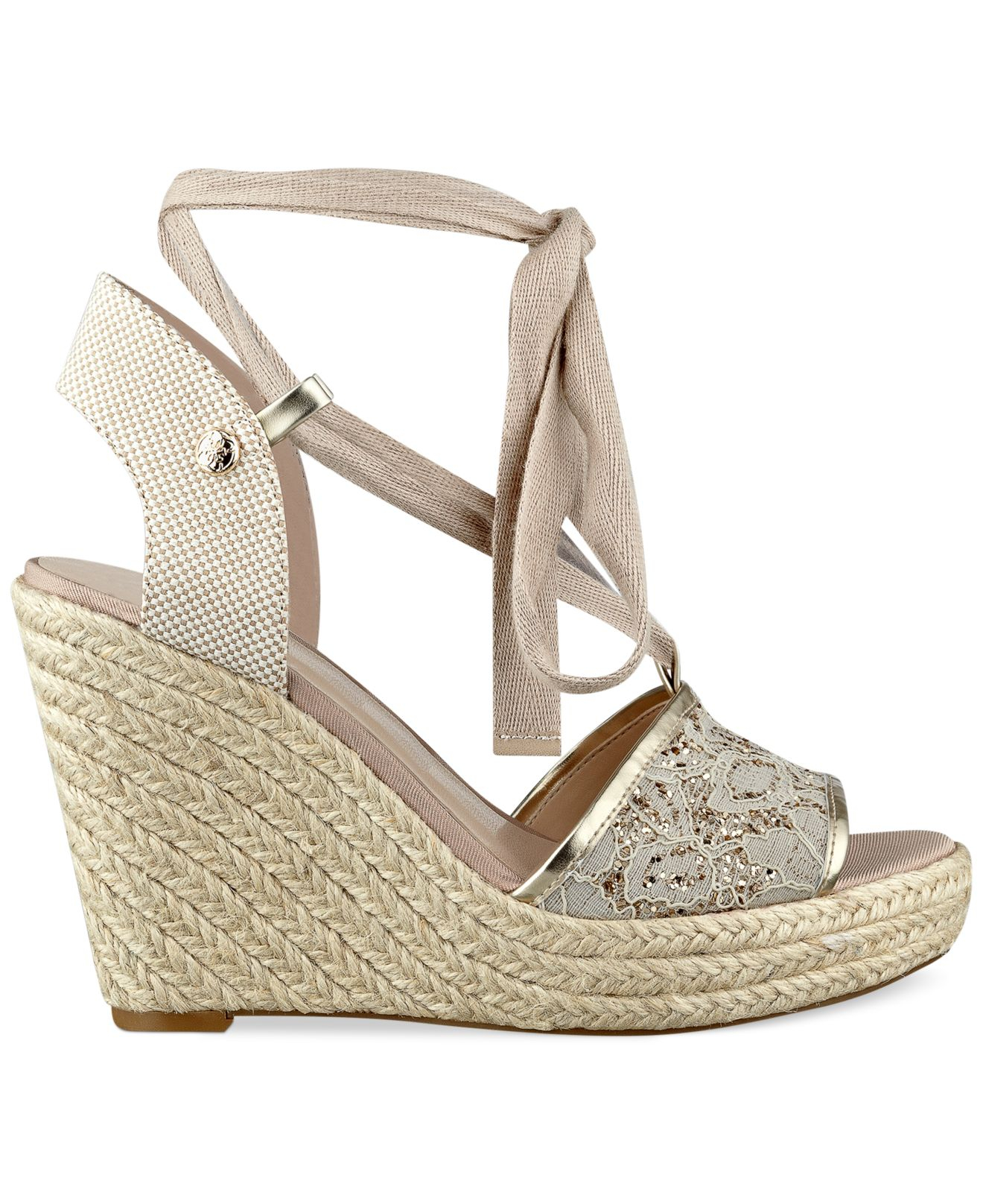 guess denim wedge sandals