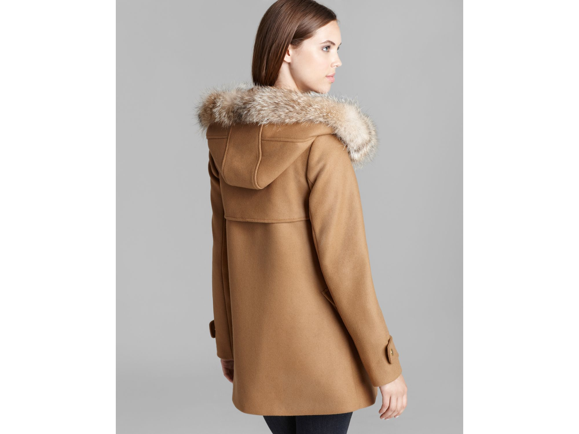 camel coat with fur hood