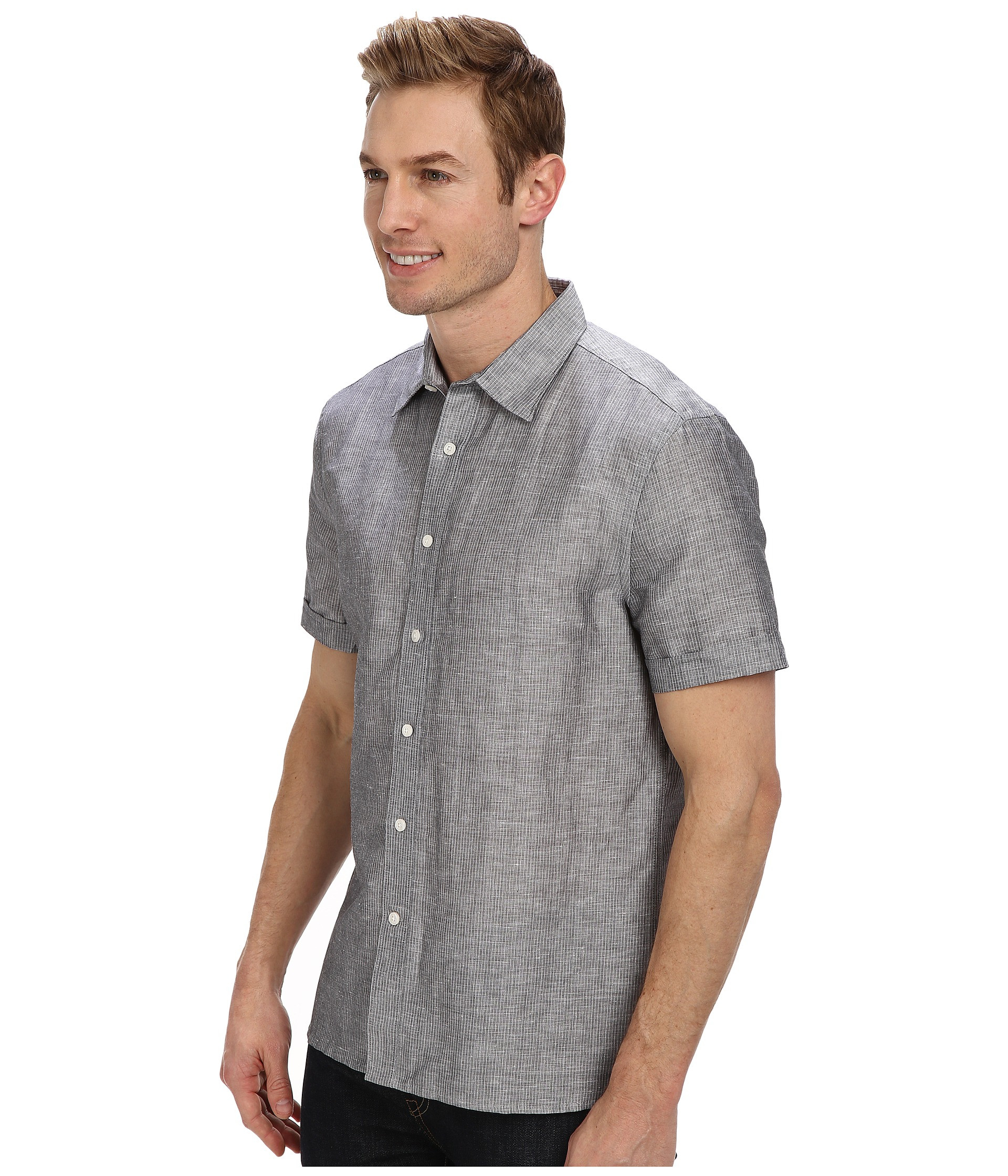 Perry Ellis Short Sleeve Linen Stripe Shirt in Slate (Gray) for Men - Lyst
