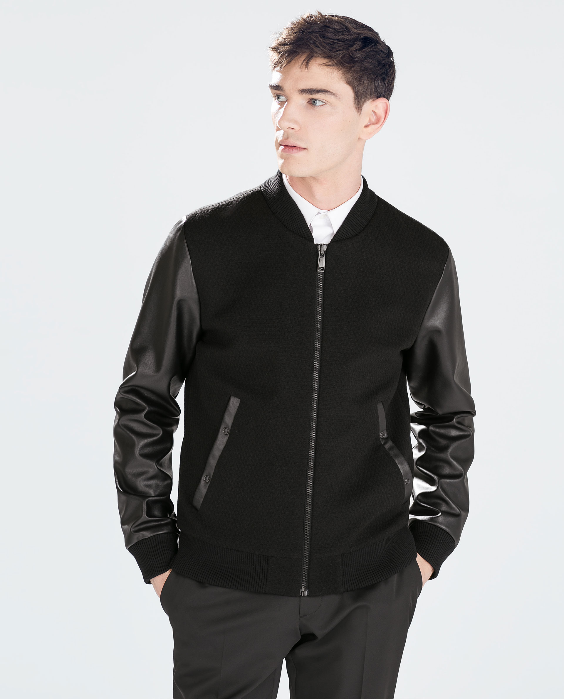 Zara Jacket With Faux Leather Sleeves in Black for Men | Lyst