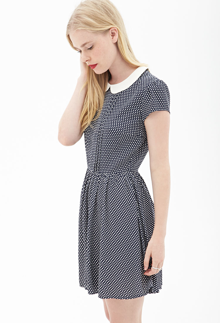 Forever 21 Dotted Peter Pan Collar Dress in Blue | Lyst