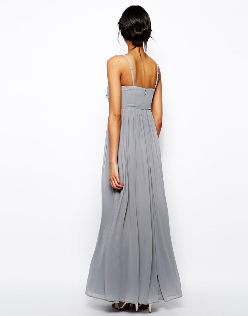 ASOS Chiffon Embellished Bandeau Maxi Dress in Grey (Gray) - Lyst