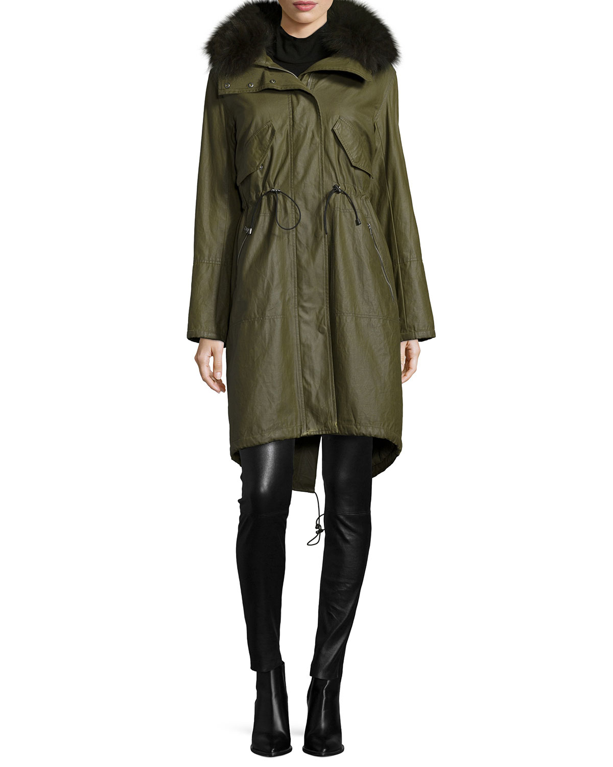 Alice + olivia Quinton Long-sleeve Hooded Fur-trim Coat in Green ...