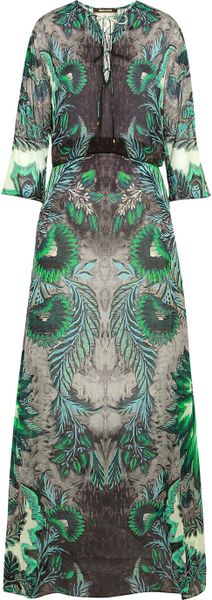 Roberto Cavalli Satin-Paneled Printed Silk-Chiffon Maxi Dress in Green ...
