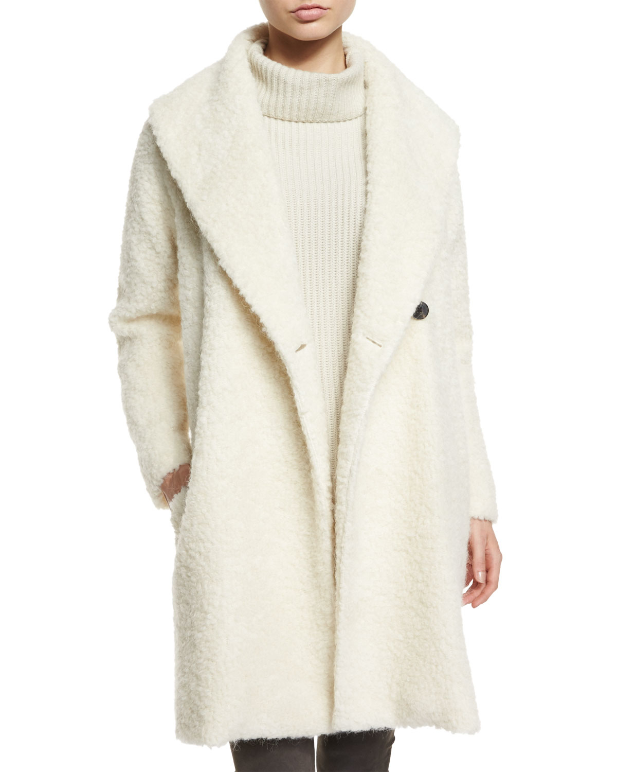 Vince Wool Fuzzy Knit Long Coat in White Lyst