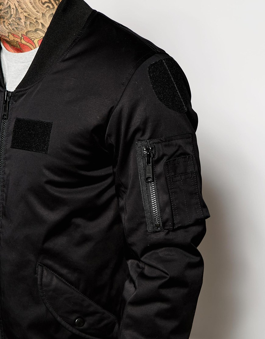 Lyst Asos Longline Bomber Jacket With Patches in Black for Men