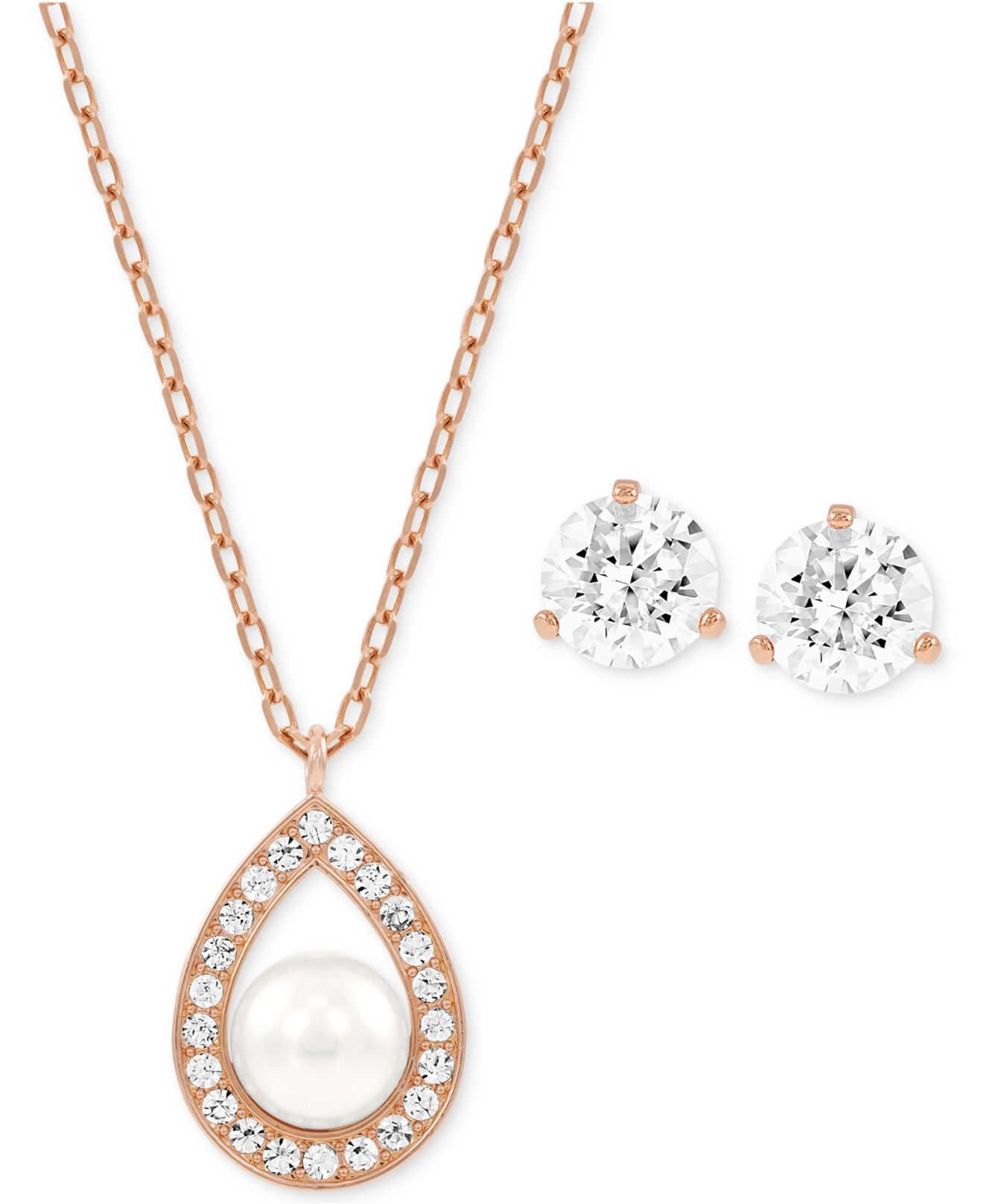 Rose Gold Tone Crystal Pearl Pendant Necklace And Stud Earring Set Rose Gold Tone Crystal Pearl Pendant Necklace And Stud Earring Set