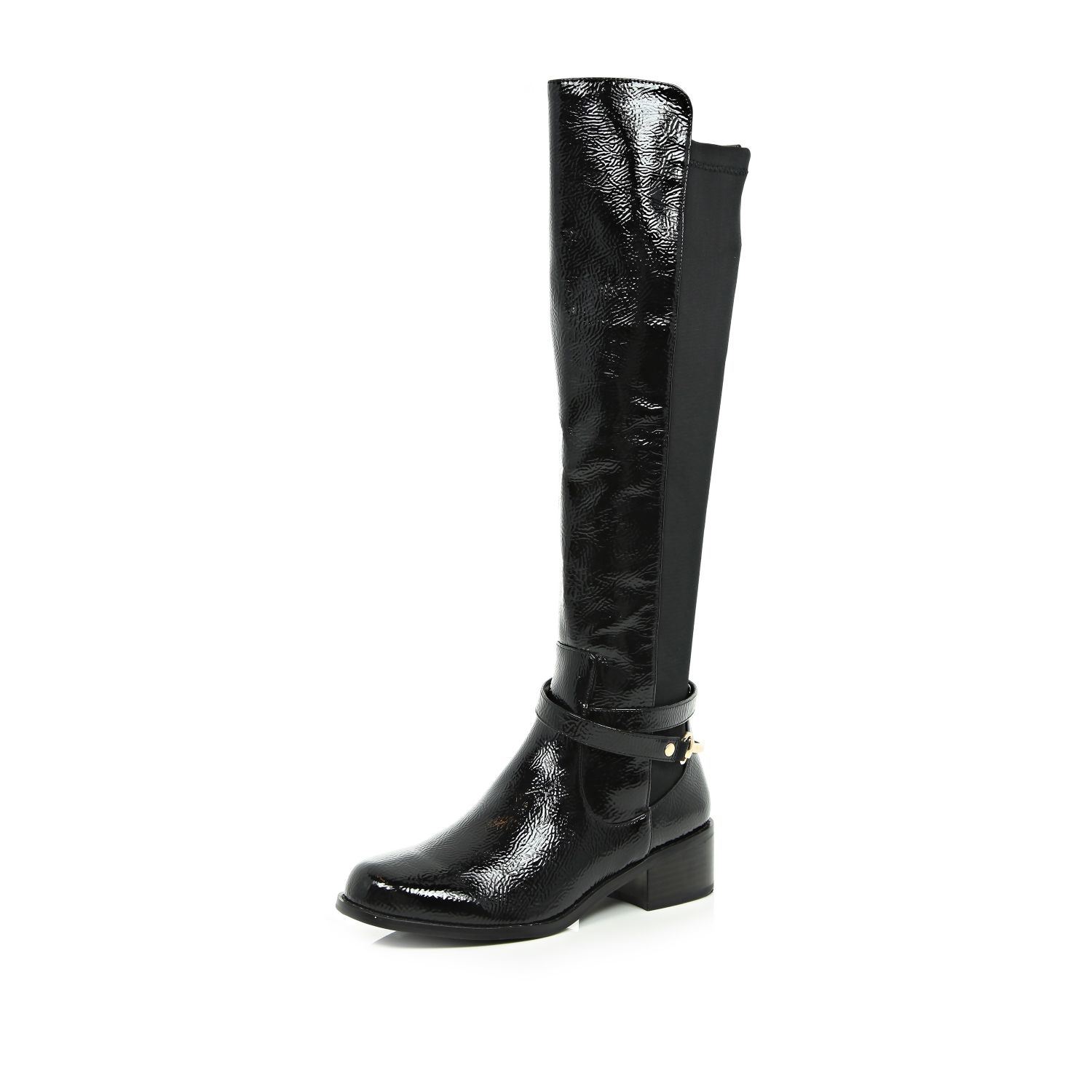 patent knee high flat boots