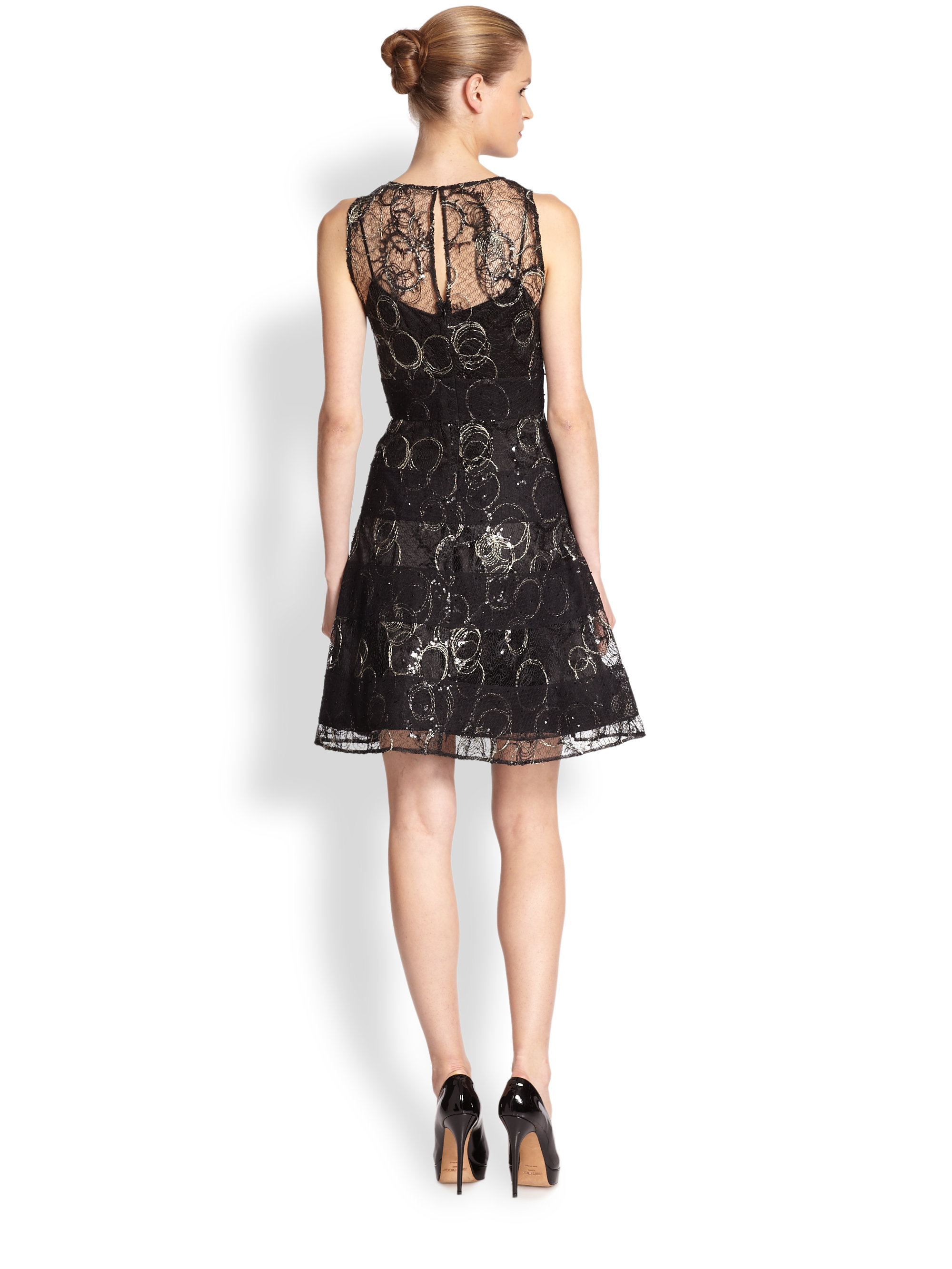 Kay Unger Embroidered Sheer Lace Dress in Black Gold ...