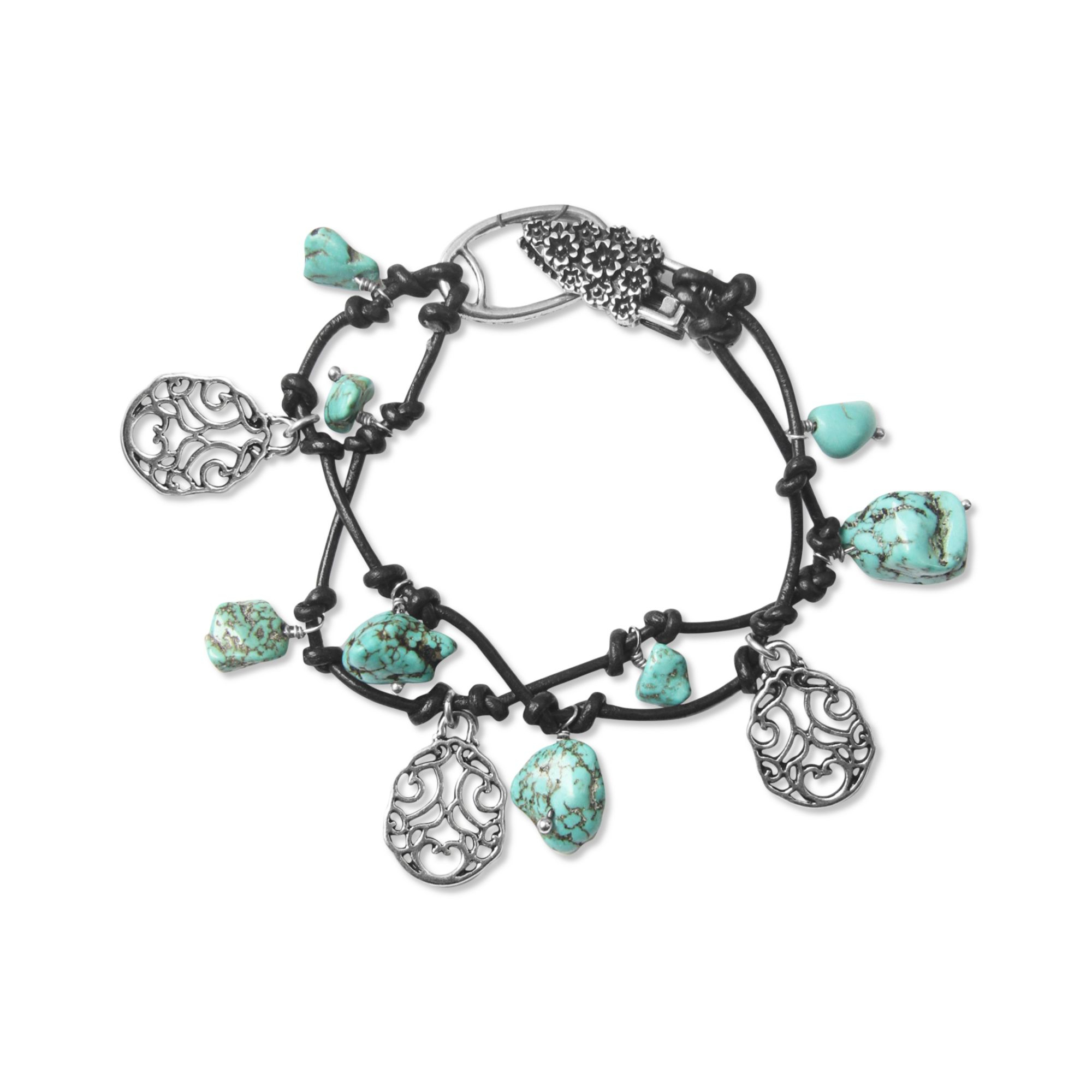 Lucky Brand Silver Tone Turquoise Charm Knotted Leather Bracelet in Metallic Lyst